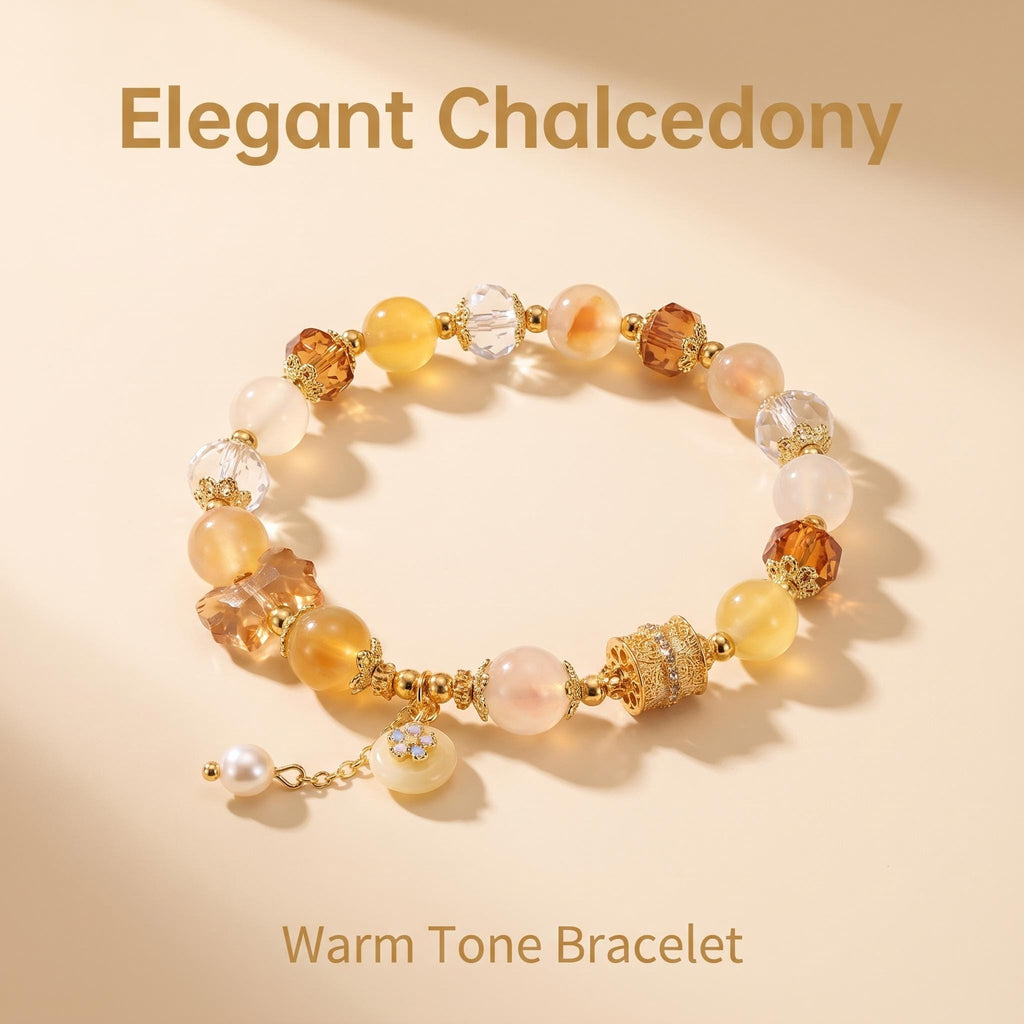 Warm Tone Chalcedony Crystal Beaded Bracelet | Dainty Zircon Inlaid Elastic Wristband, Oriental Aesthetic Fashion Jewelry Gift for Women