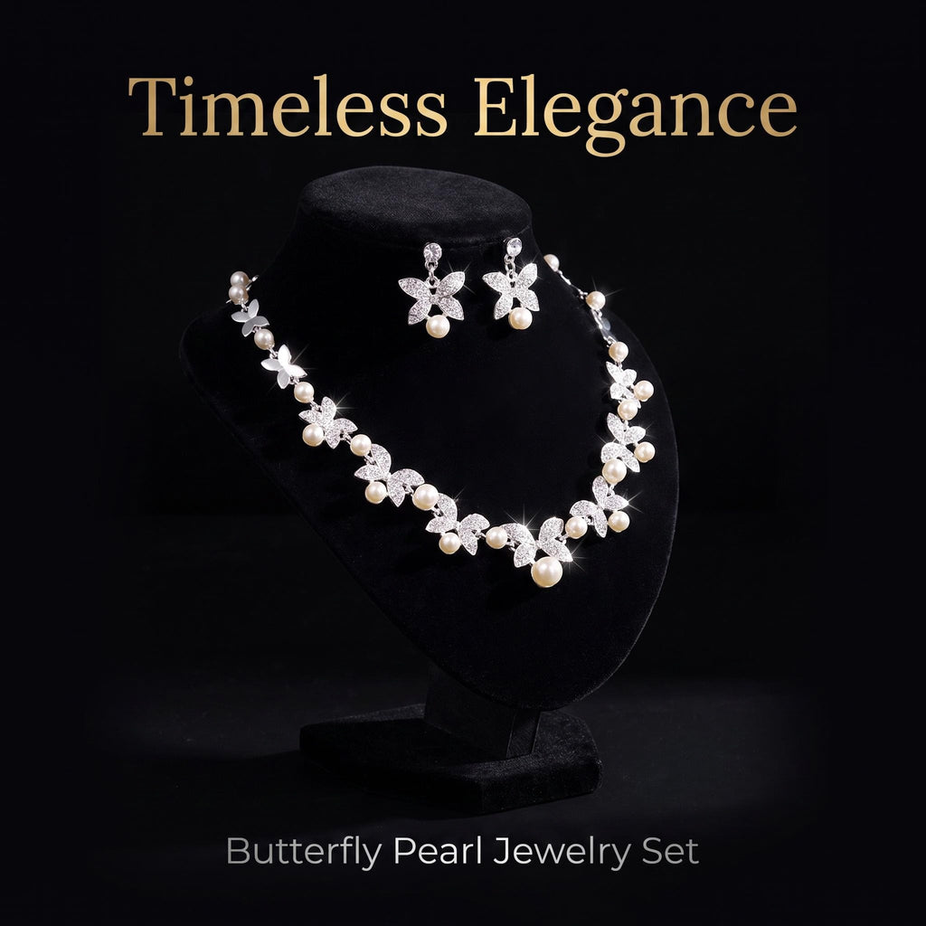 Elegant Butterfly Pearl Jewelry Set Butterfly Rhinestone Pearl Necklace & Earrings Set Timeless Butterfly Pearl Set for Women