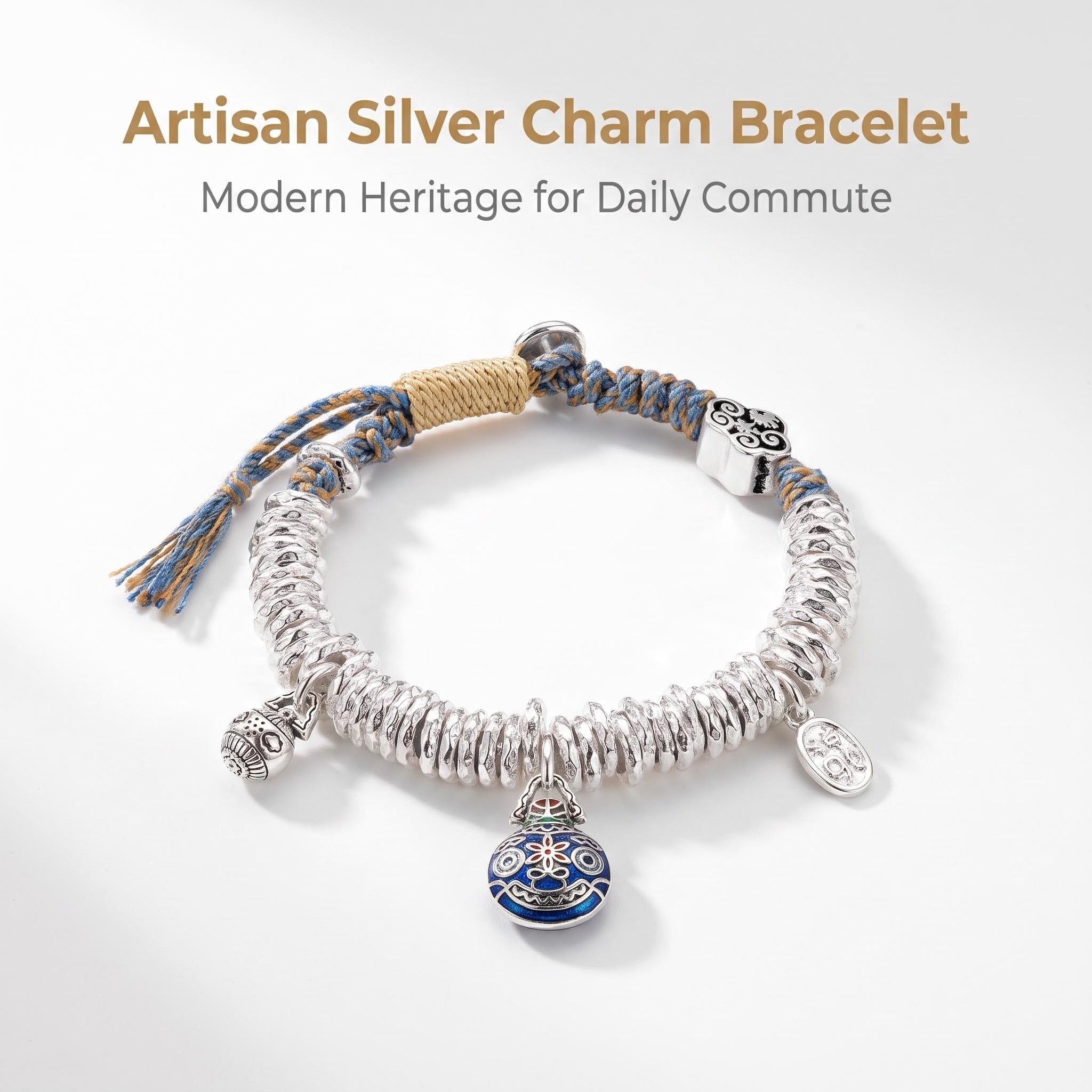 Solid Silver Charm Bracelet with Enamel Detail Adjustable Silver Bead Bracelet with Artisan Charm Heritage-Inspired Silver Charm Bracelet for Daily Wear
