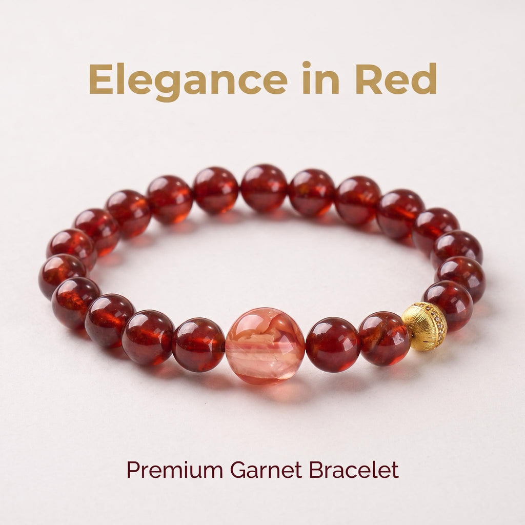 Natural Garnet Beaded Bracelet with Orange Accent Premium Garnet Bracelet for Women Translucent Natural Garnet Bracelet with Gold Char