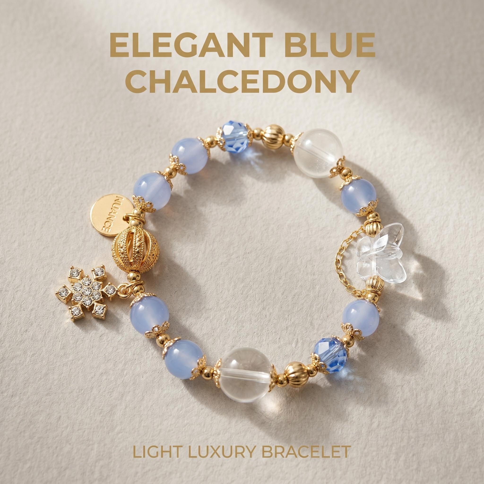 Light Luxury Natural Blue Chalcedony Beaded Bracelet with Clear Quartz, Rhinestone Snowflake & Transparent Butterfly Charms, 14K Gold Plated Elegant Healing Crystal Jewelry Gift for Women