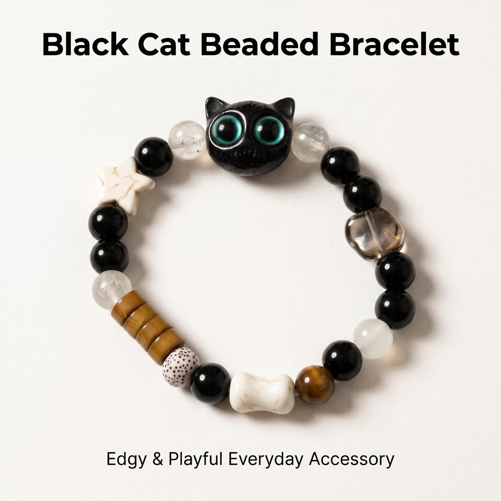 3D Ceramic Black Cat Beaded Bracelet, Natural Obsidian Tiger Eye Clear Quartz Healing Stone Bracelet, Elastic Gothic Cat Lover Crystal Jewelry Gift for Women Girls