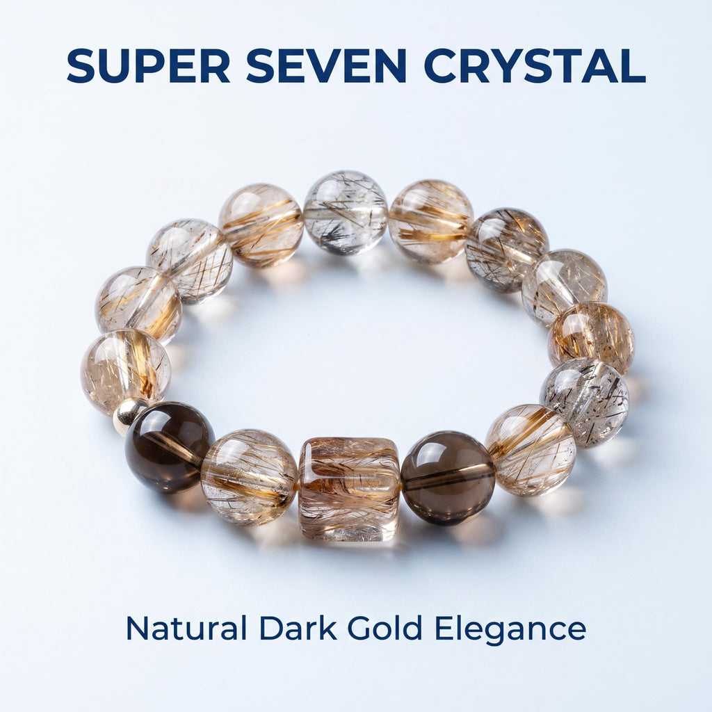 Natural Super Seven Crystal Beaded Bracelet Dark Gold Natural Crystal Bracelet Elegant Super Seven Gemstone Bracelet