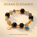 Ocean Elegance Natural Black Agate Beaded Bracelet with Blue Zircon Sea Turtle Charm, 14K Gold Plated Grounding Healing Crystal Adjustable Elastic Jewelry Gift for Women