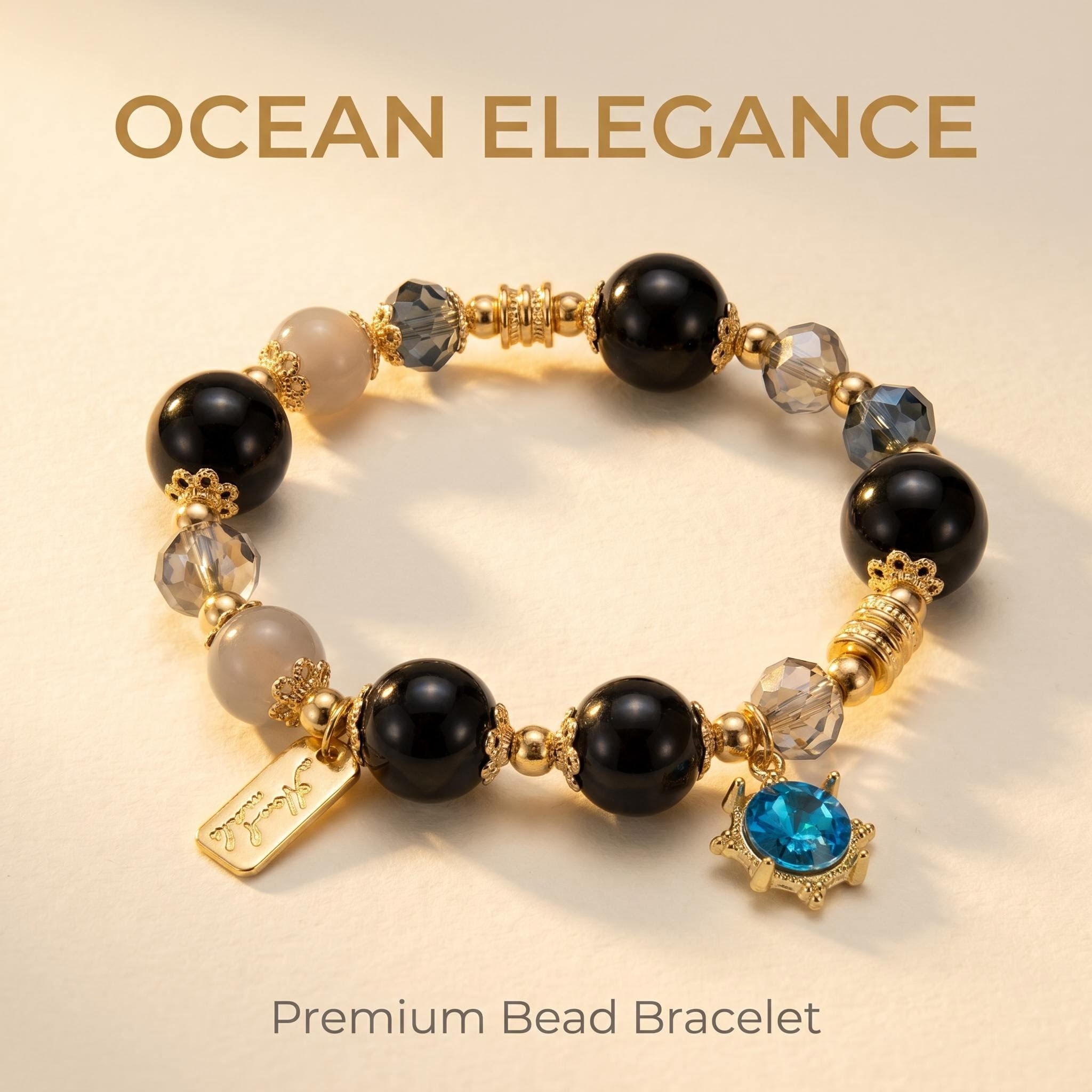 Ocean Elegance Natural Black Agate Beaded Bracelet with Blue Zircon Sea Turtle Charm, 14K Gold Plated Grounding Healing Crystal Adjustable Elastic Jewelry Gift for Women