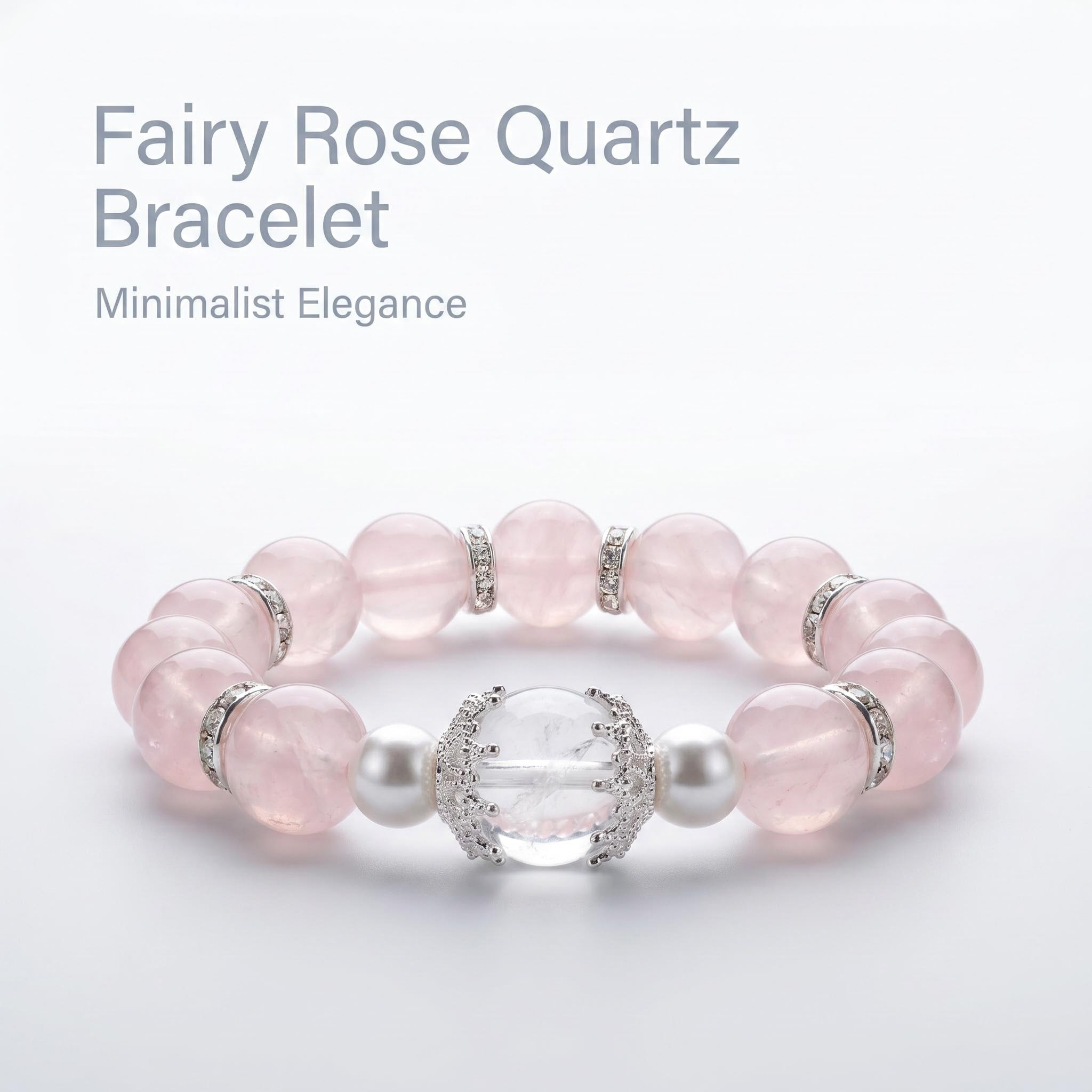 Fairy Natural Rose Quartz Bracelet, Healing Pink Crystal Beaded Bracelet with Clear Quartz, Pearl & Silver Rhinestone Spacers, Minimalist Elegant Women Jewelry Gift for Daily Office Wear