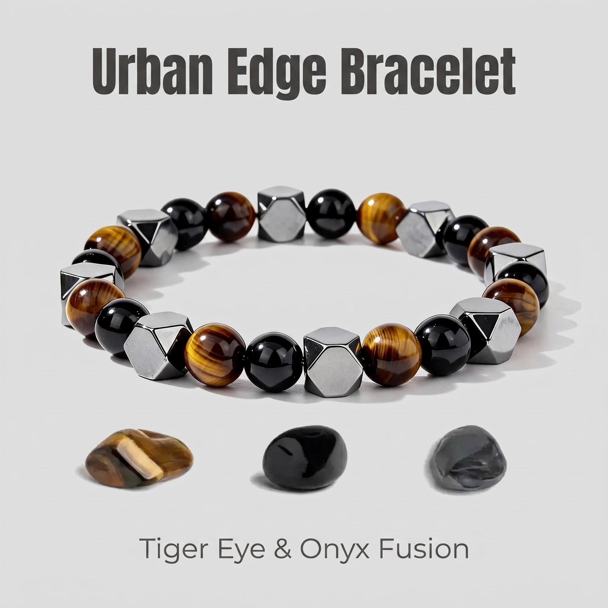 Tiger Eye and Black Onyx Beaded Bracelet Men’s Urban Stone Bracelet with Faceted Hematite Everyday Bracelet with Tiger Eye & Onyx Fusion