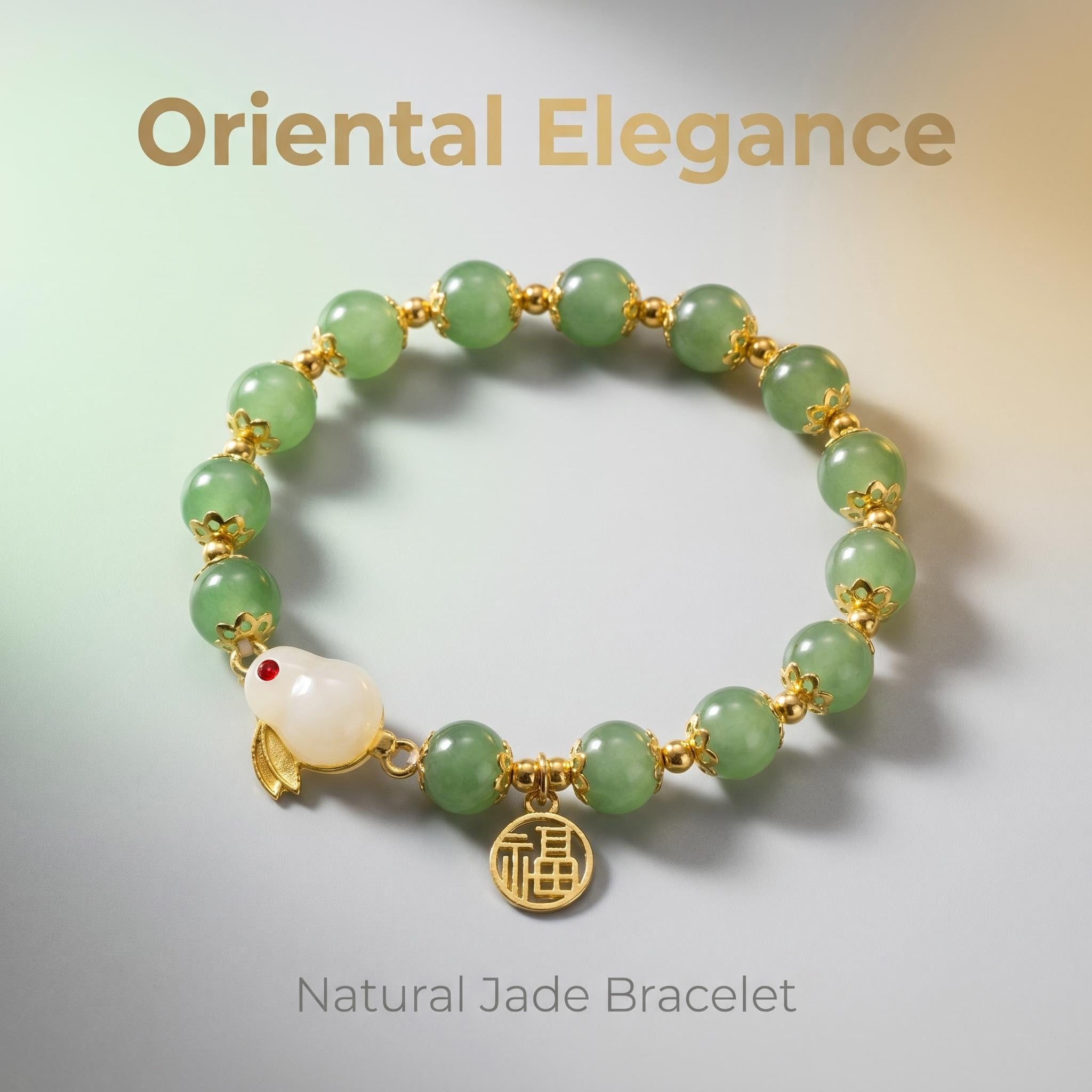 Oriental Elegance Natural Green Jade Beaded Bracelet with White Jade Lucky Rabbit & Fu Fortune Gold Charm, 14K Gold Plated Traditional Chinese Blessing Healing Crystal Jewelry Gift for Women