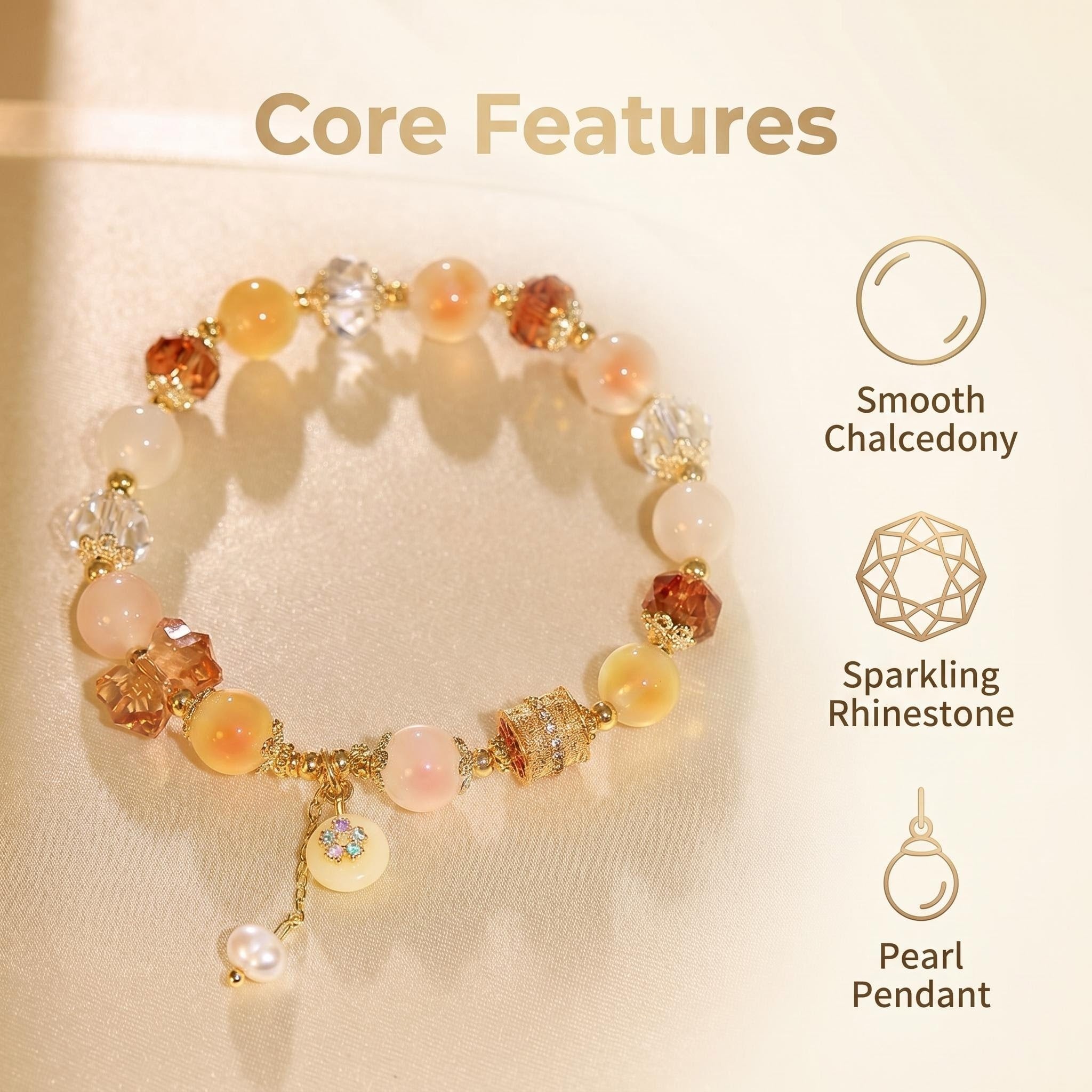 Warm Tone Chalcedony Crystal Beaded Bracelet | Dainty Zircon Inlaid Elastic Wristband, Oriental Aesthetic Fashion Jewelry Gift for Women