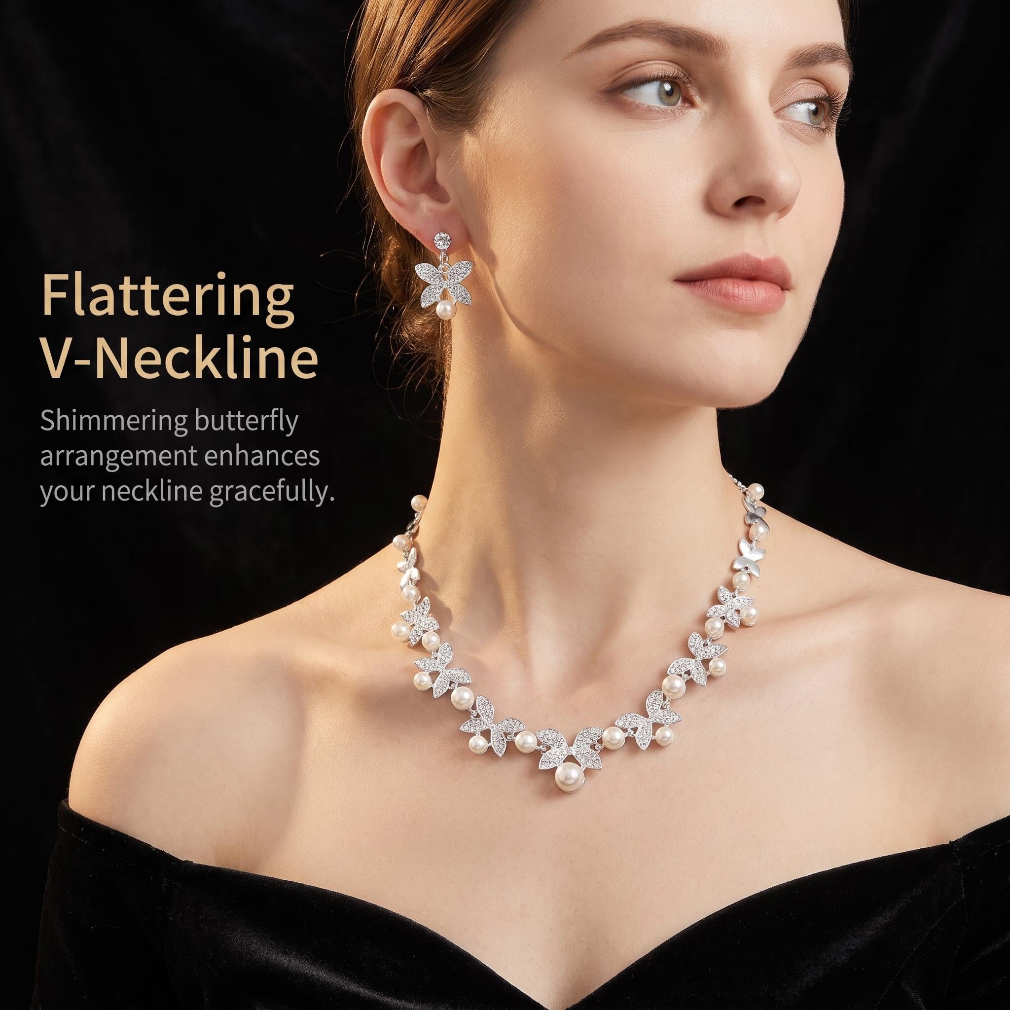 Elegant Butterfly Pearl Jewelry Set Butterfly Rhinestone Pearl Necklace & Earrings Set Timeless Butterfly Pearl Set for Women