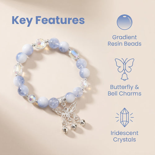 Sky Blue Gradient Resin Beaded Bracelet with Silver Butterfly & 3 Tiny Bell Charms, Iridescent Crystal Stretch Wrist Jewelry, Fairycore Aesthetic Gift for Women Teen Girls