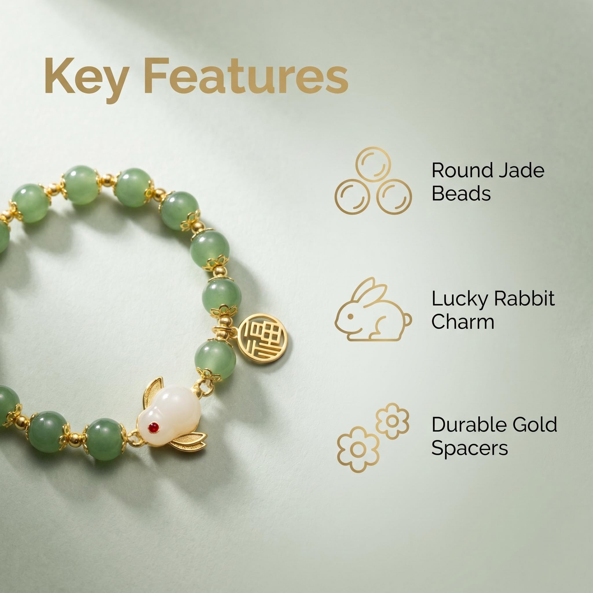 Oriental Elegance Natural Green Jade Beaded Bracelet with White Jade Lucky Rabbit & Fu Fortune Gold Charm, 14K Gold Plated Traditional Chinese Blessing Healing Crystal Jewelry Gift for Women