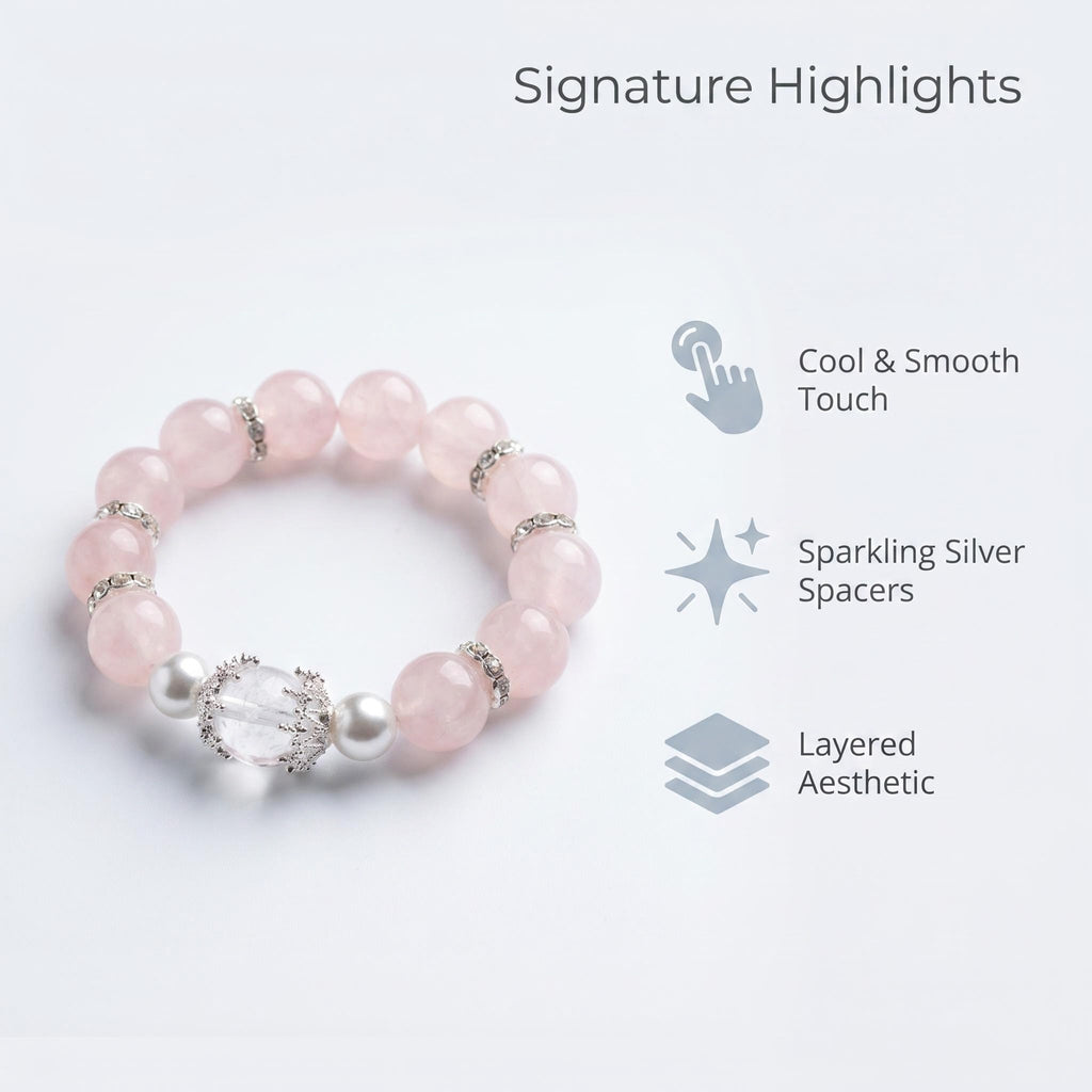 Fairy Natural Rose Quartz Bracelet, Healing Pink Crystal Beaded Bracelet with Clear Quartz, Pearl & Silver Rhinestone Spacers, Minimalist Elegant Women Jewelry Gift for Daily Office Wear