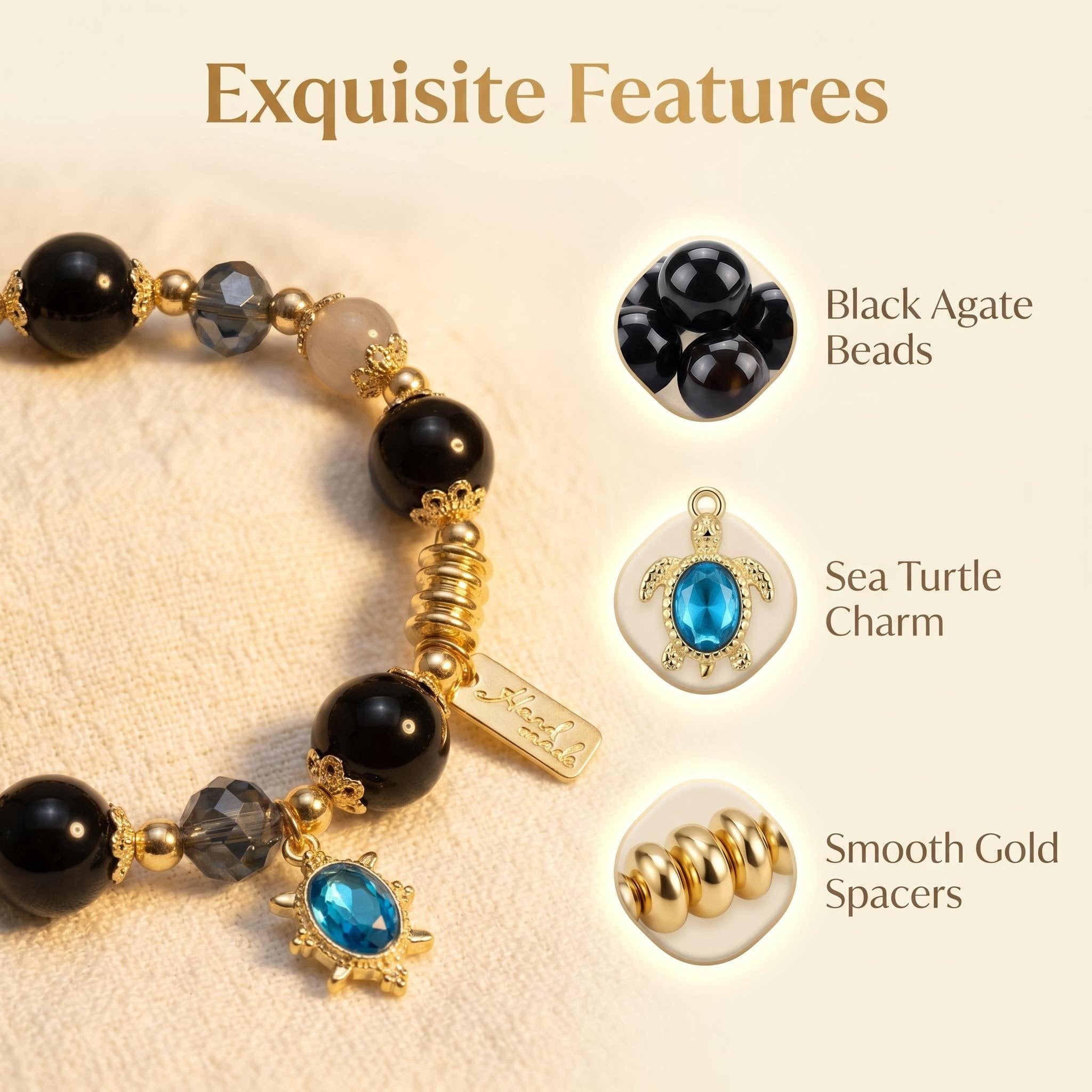 Ocean Elegance Natural Black Agate Beaded Bracelet with Blue Zircon Sea Turtle Charm, 14K Gold Plated Grounding Healing Crystal Adjustable Elastic Jewelry Gift for Women
