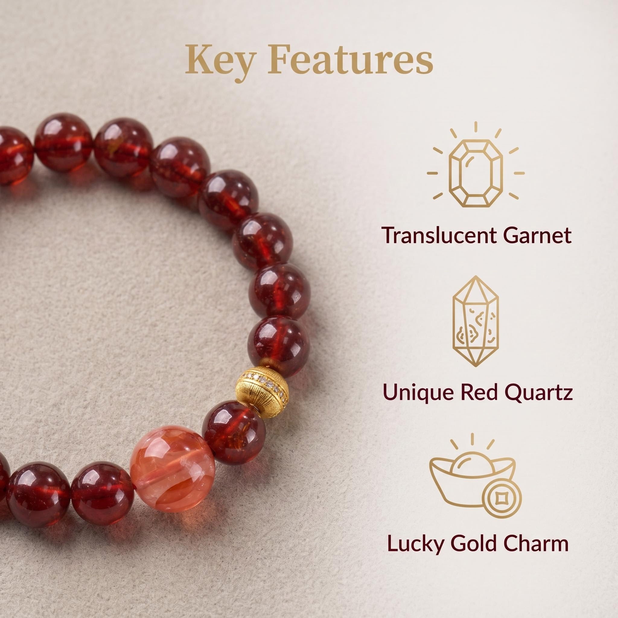 Natural Garnet Beaded Bracelet with Orange Accent Premium Garnet Bracelet for Women Translucent Natural Garnet Bracelet with Gold Char
