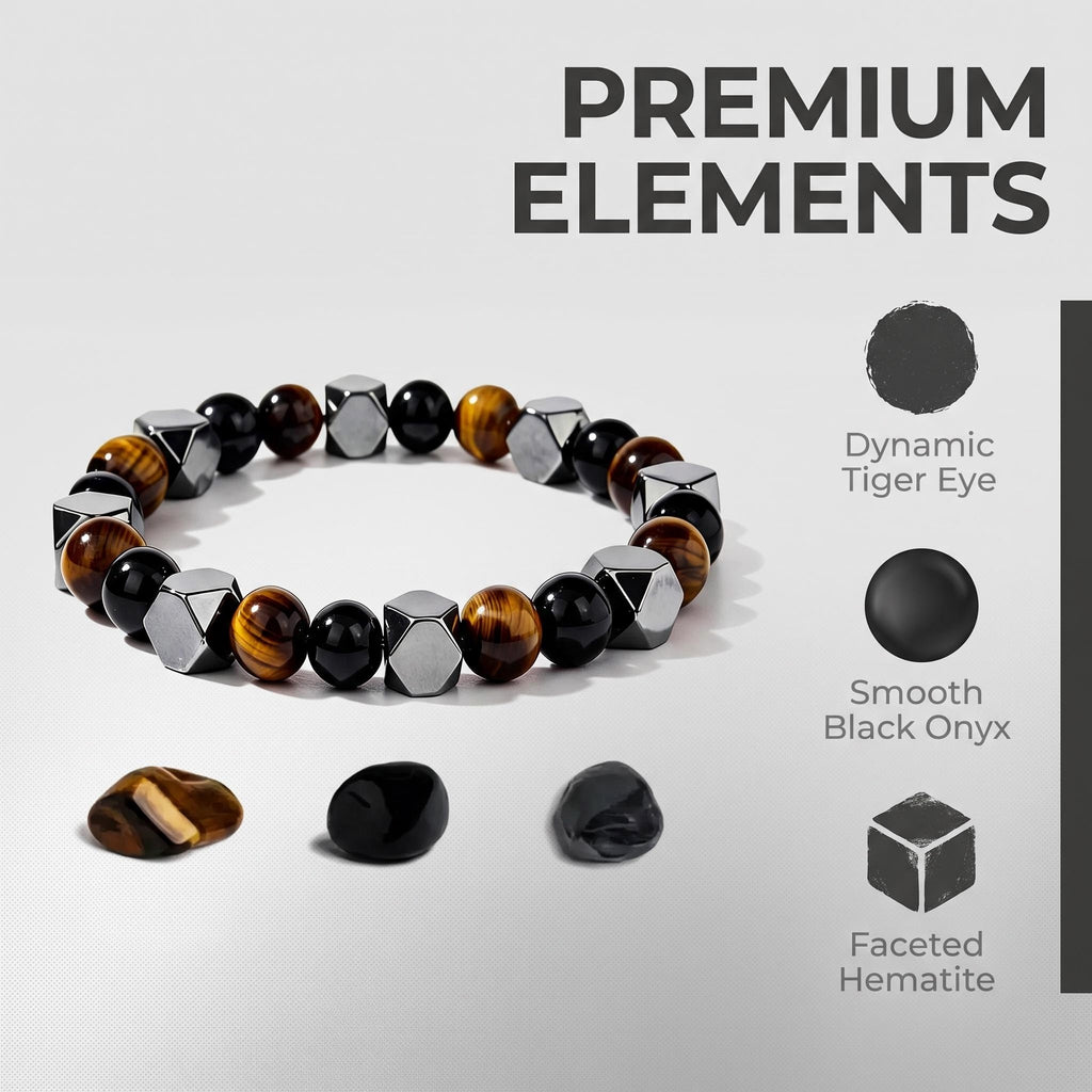 Tiger Eye and Black Onyx Beaded Bracelet Men’s Urban Stone Bracelet with Faceted Hematite Everyday Bracelet with Tiger Eye & Onyx Fusion