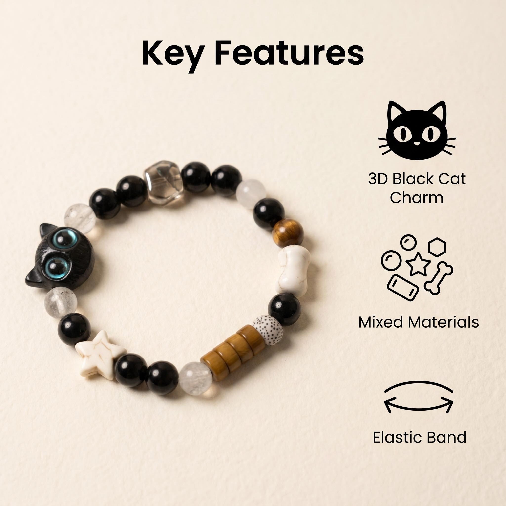 3D Ceramic Black Cat Beaded Bracelet, Natural Obsidian Tiger Eye Clear Quartz Healing Stone Bracelet, Elastic Gothic Cat Lover Crystal Jewelry Gift for Women Girls