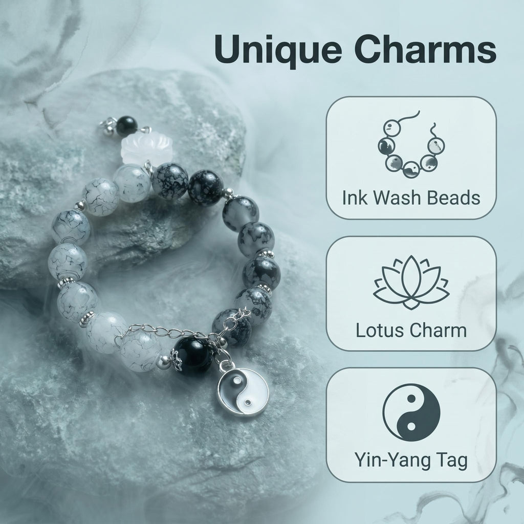 Zen Ink Wash Stone Beaded Bracelet with Yin Yang Charm & White Lotus Pendant, Oriental Spiritual Balance Meditation Crystal Bracelet Unisex Yoga Jewelry Gift for Men Women