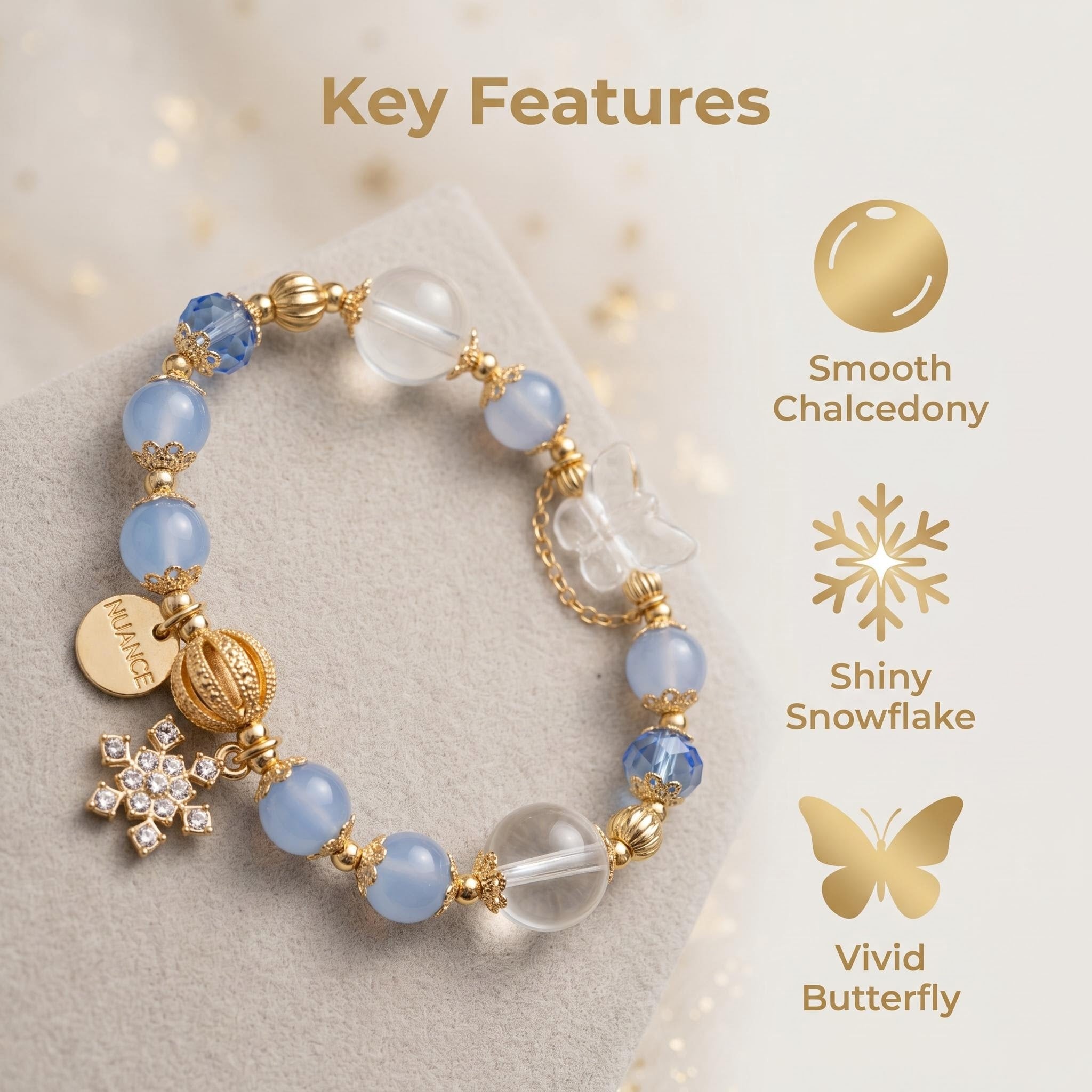 Light Luxury Natural Blue Chalcedony Beaded Bracelet with Clear Quartz, Rhinestone Snowflake & Transparent Butterfly Charms, 14K Gold Plated Elegant Healing Crystal Jewelry Gift for Women