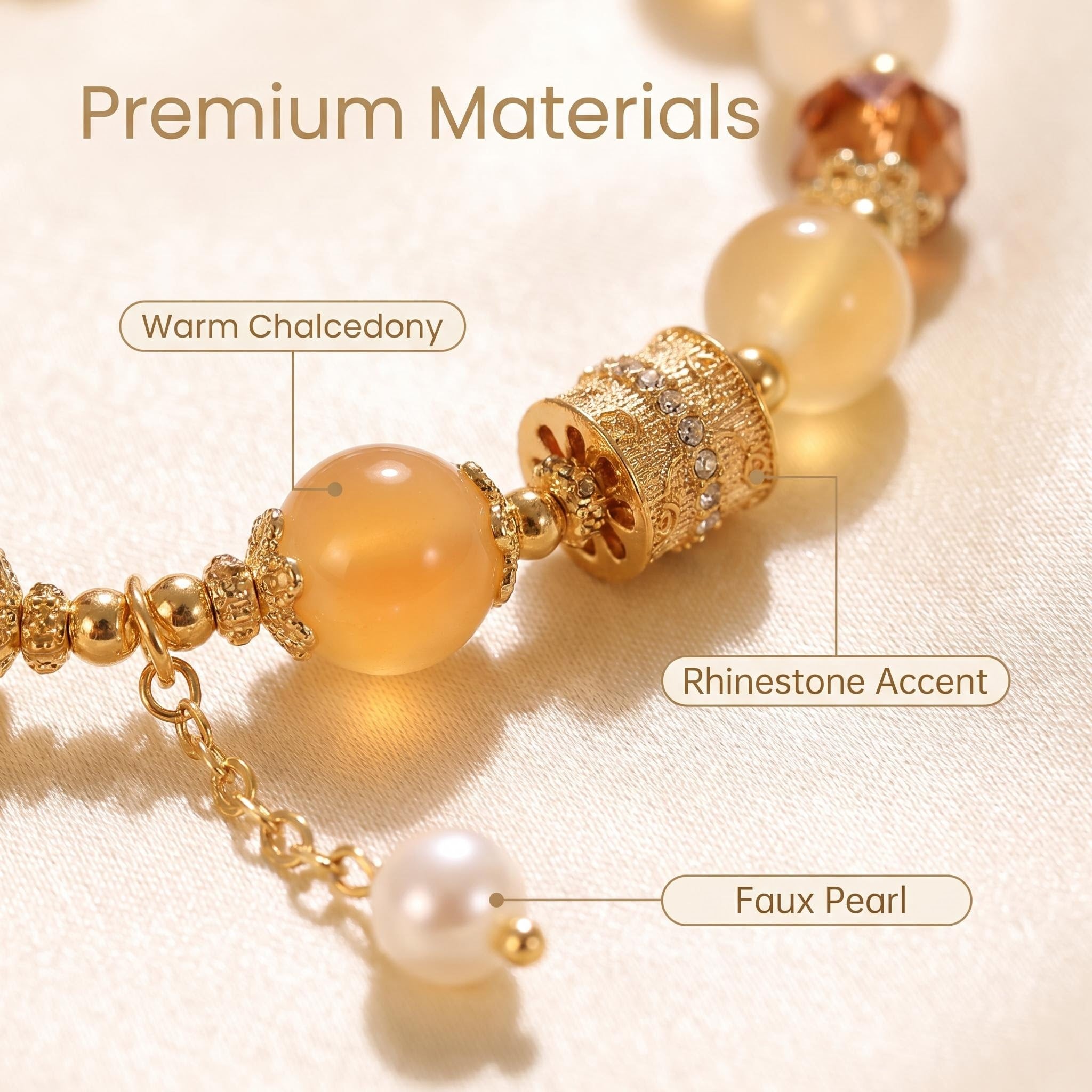 Warm Tone Chalcedony Crystal Beaded Bracelet | Dainty Zircon Inlaid Elastic Wristband, Oriental Aesthetic Fashion Jewelry Gift for Women