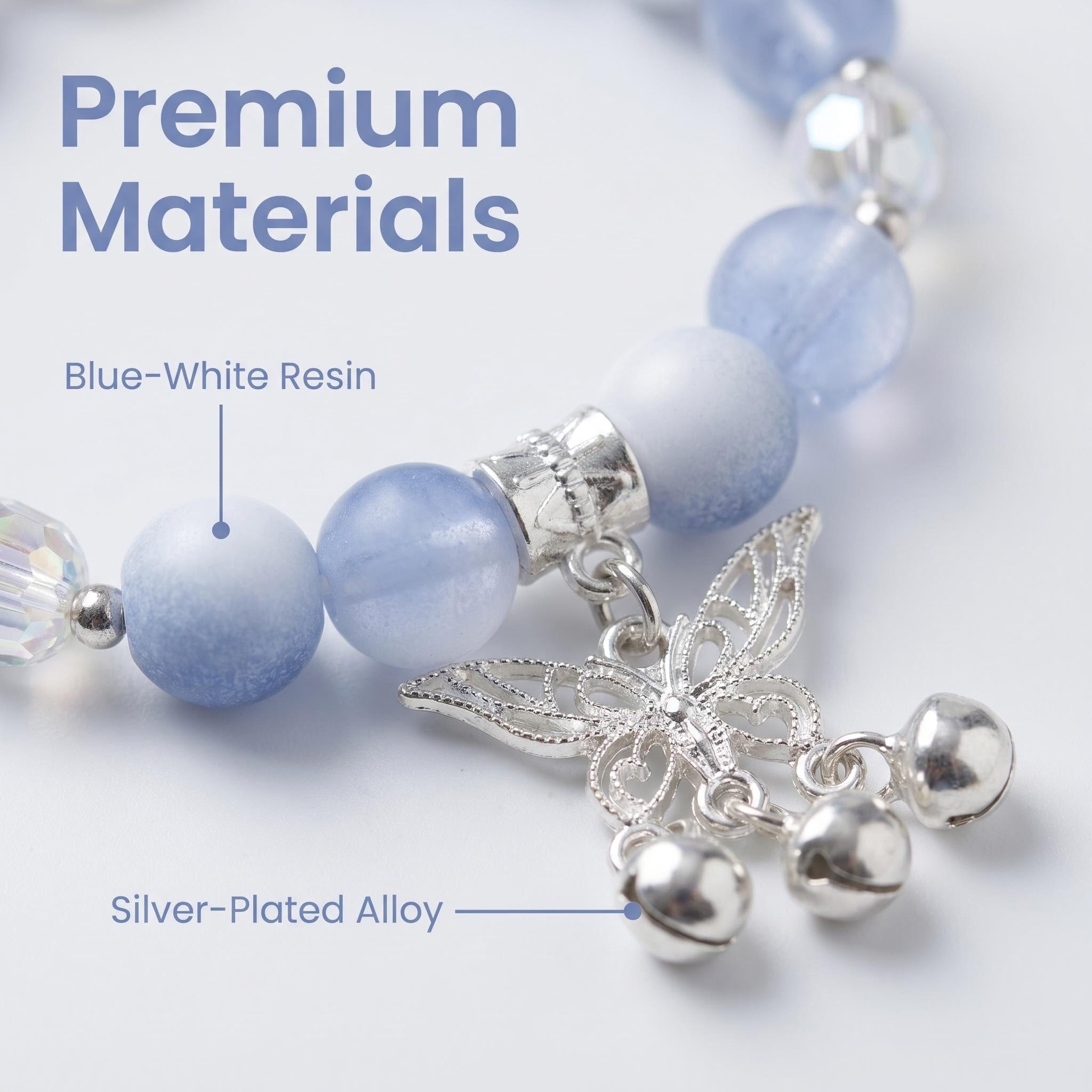 Sky Blue Gradient Resin Beaded Bracelet with Silver Butterfly & 3 Tiny Bell Charms, Iridescent Crystal Stretch Wrist Jewelry, Fairycore Aesthetic Gift for Women Teen Girls