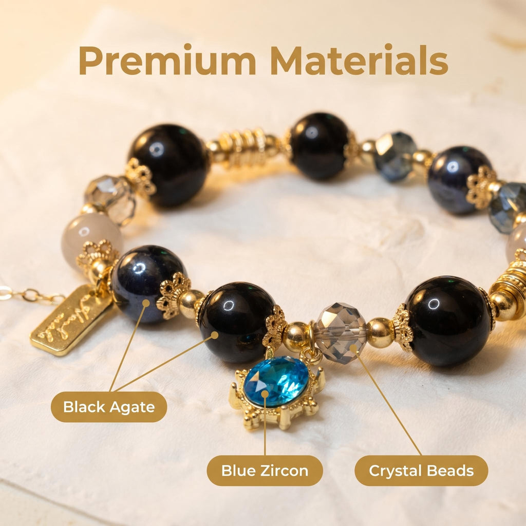 Ocean Elegance Natural Black Agate Beaded Bracelet with Blue Zircon Sea Turtle Charm, 14K Gold Plated Grounding Healing Crystal Adjustable Elastic Jewelry Gift for Women