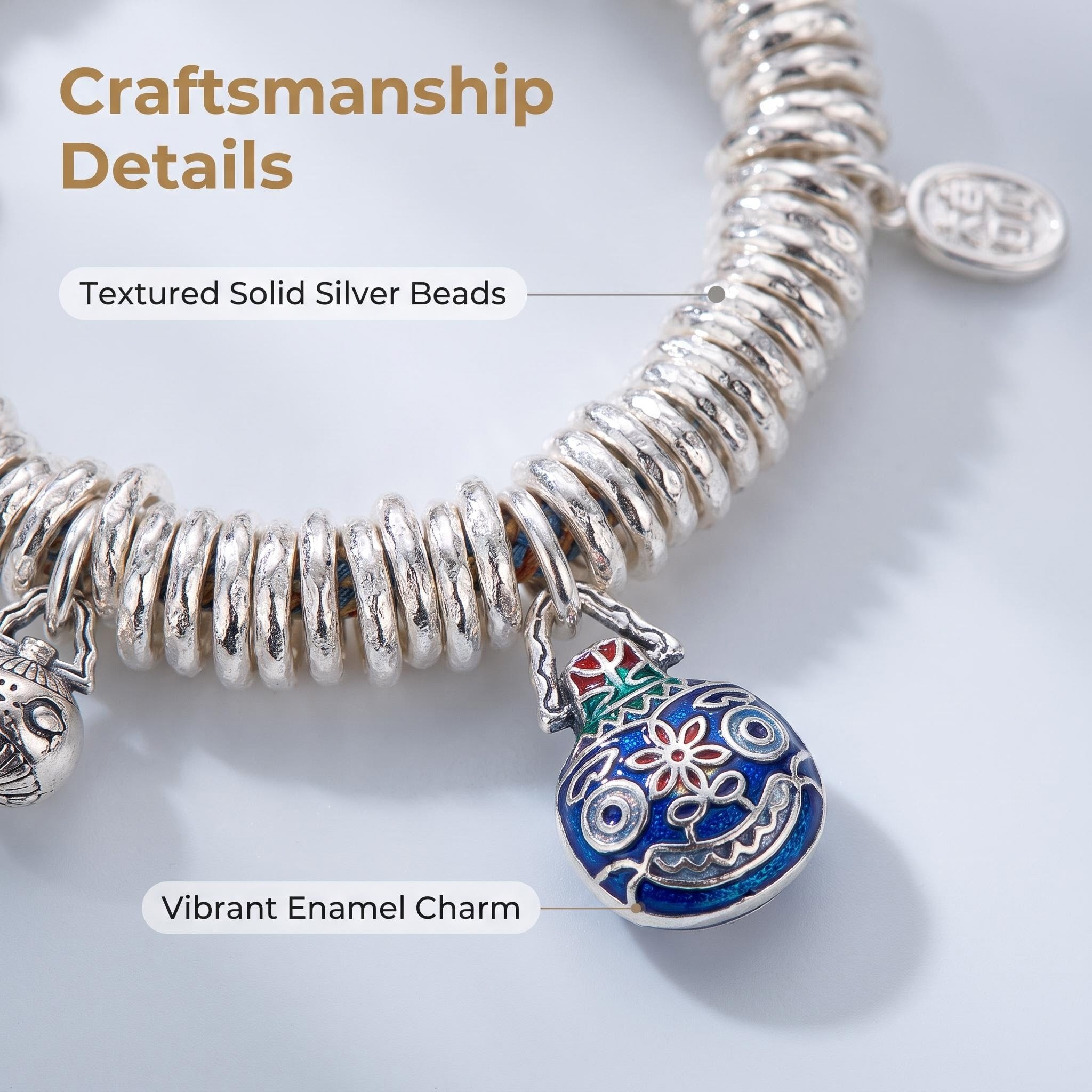 Solid Silver Charm Bracelet with Enamel Detail Adjustable Silver Bead Bracelet with Artisan Charm Heritage-Inspired Silver Charm Bracelet for Daily Wear