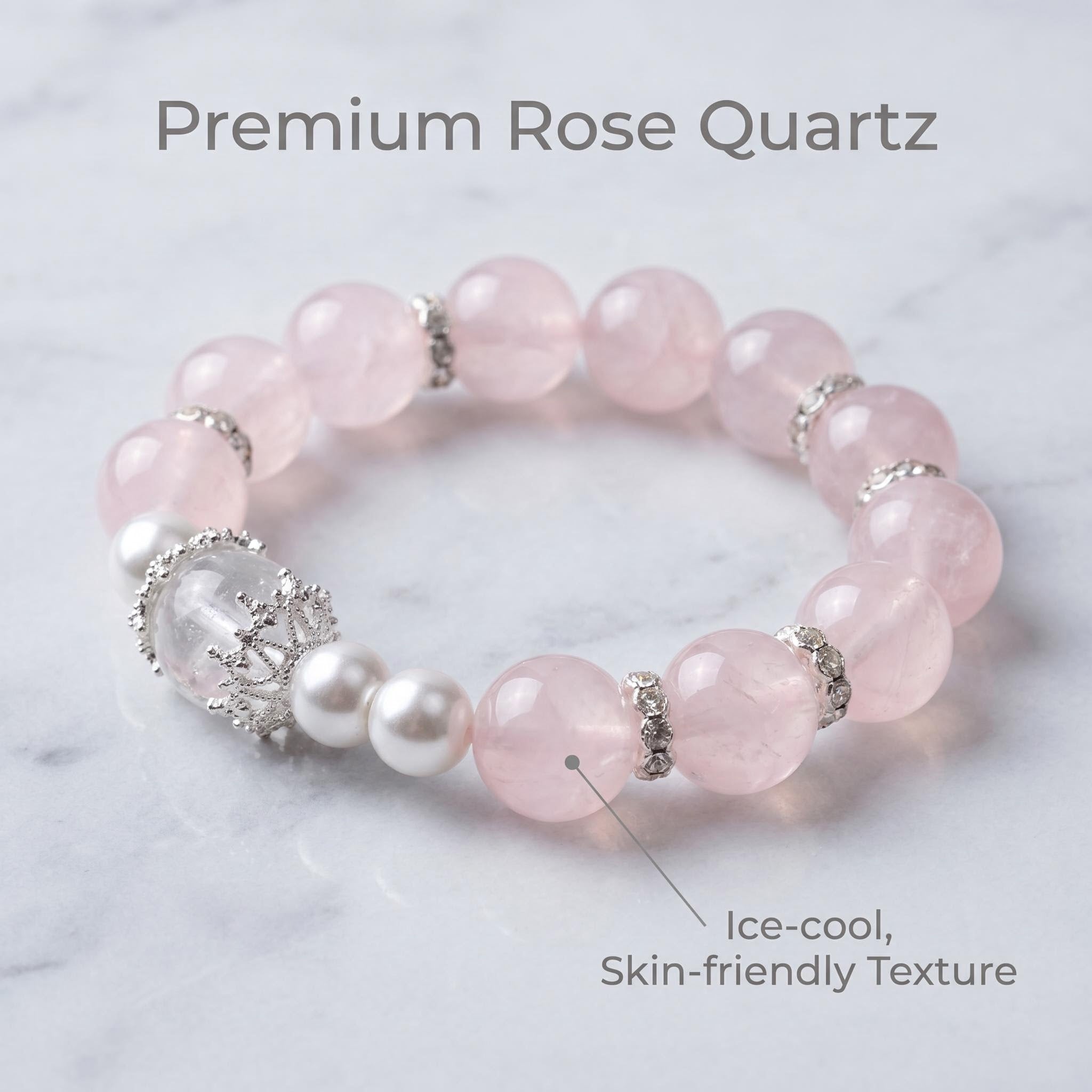 Fairy Natural Rose Quartz Bracelet, Healing Pink Crystal Beaded Bracelet with Clear Quartz, Pearl & Silver Rhinestone Spacers, Minimalist Elegant Women Jewelry Gift for Daily Office Wear