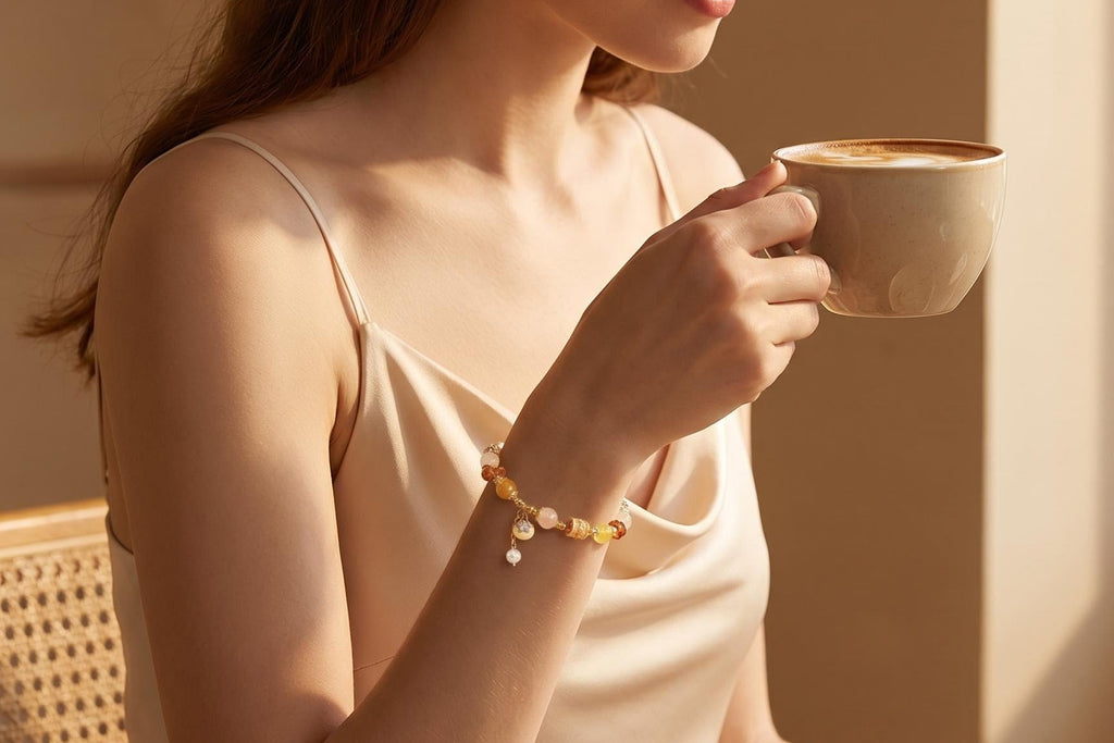 Warm Tone Chalcedony Crystal Beaded Bracelet | Dainty Zircon Inlaid Elastic Wristband, Oriental Aesthetic Fashion Jewelry Gift for Women