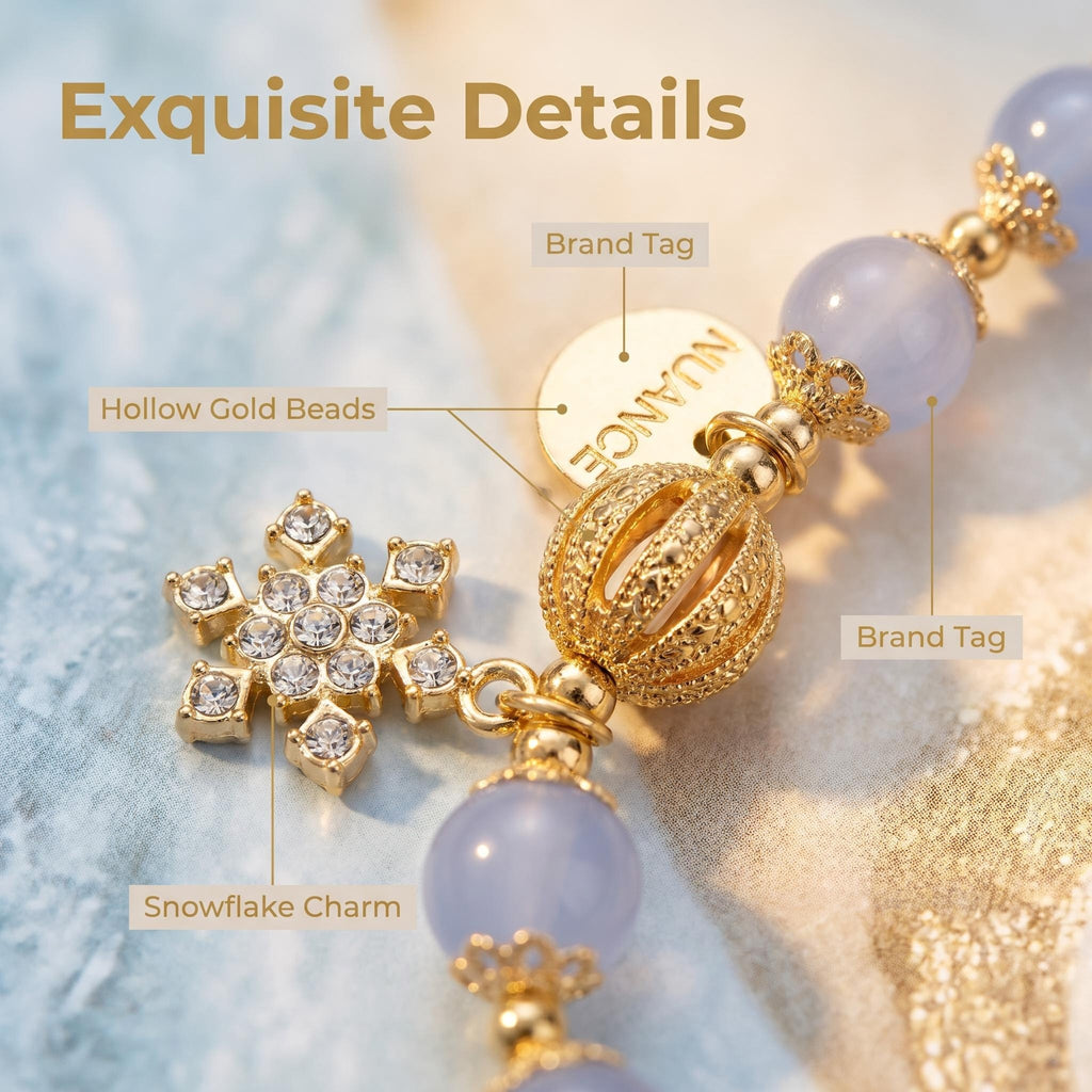 Light Luxury Natural Blue Chalcedony Beaded Bracelet with Clear Quartz, Rhinestone Snowflake & Transparent Butterfly Charms, 14K Gold Plated Elegant Healing Crystal Jewelry Gift for Women