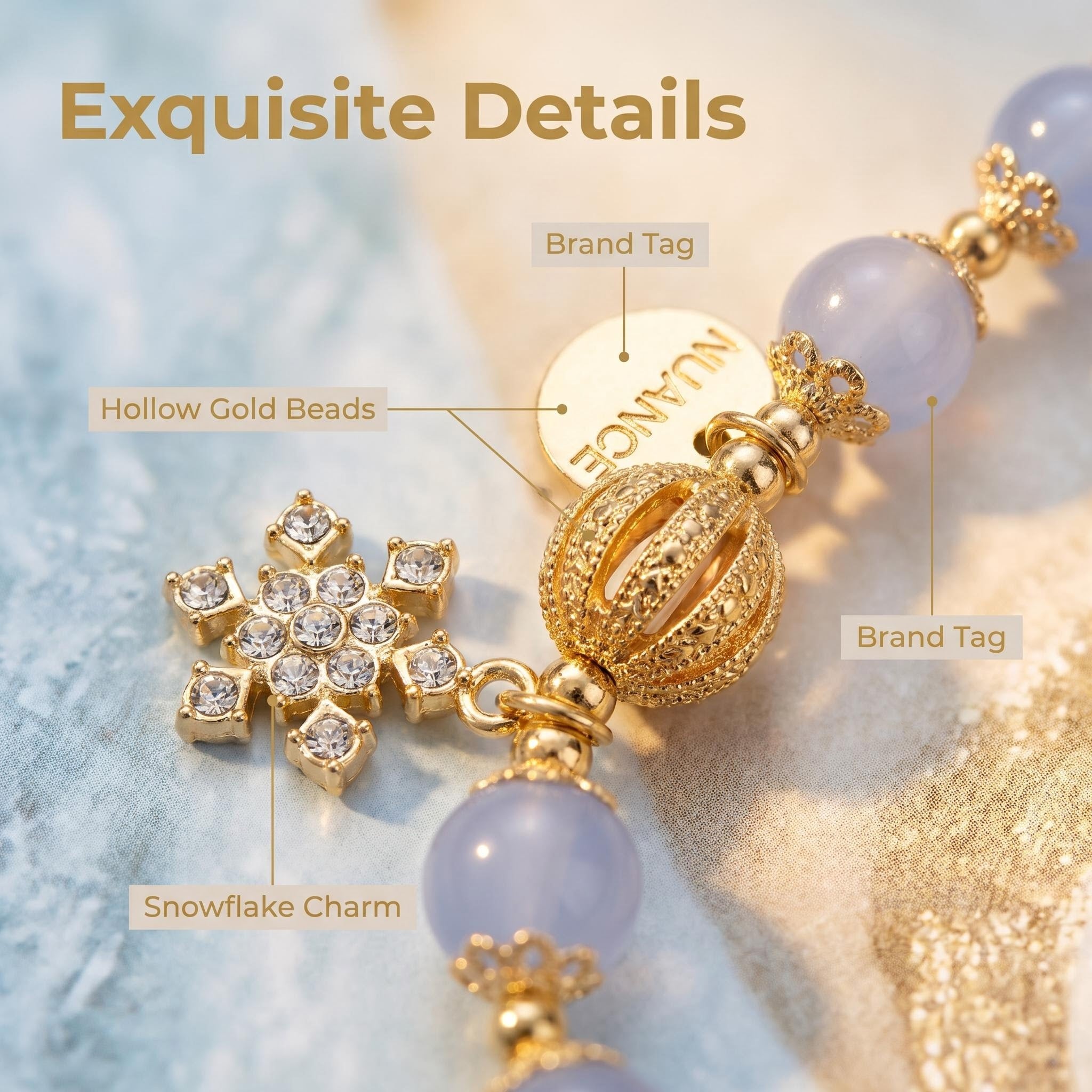 Light Luxury Natural Blue Chalcedony Beaded Bracelet with Clear Quartz, Rhinestone Snowflake & Transparent Butterfly Charms, 14K Gold Plated Elegant Healing Crystal Jewelry Gift for Women