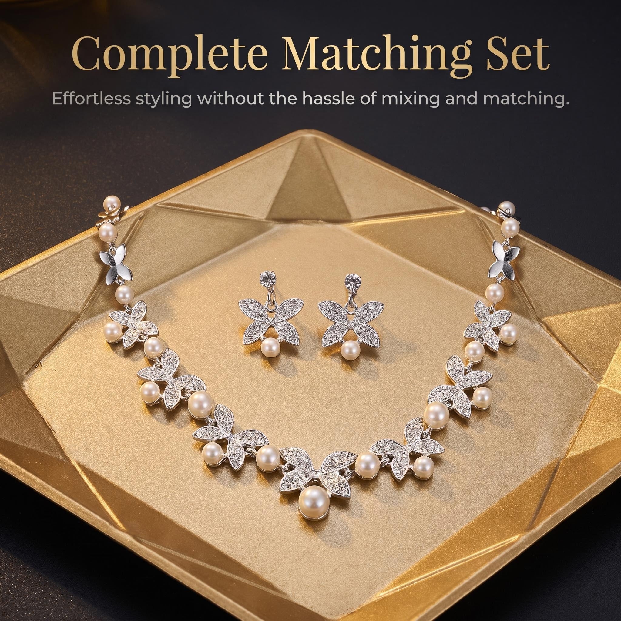 Elegant Butterfly Pearl Jewelry Set Butterfly Rhinestone Pearl Necklace & Earrings Set Timeless Butterfly Pearl Set for Women
