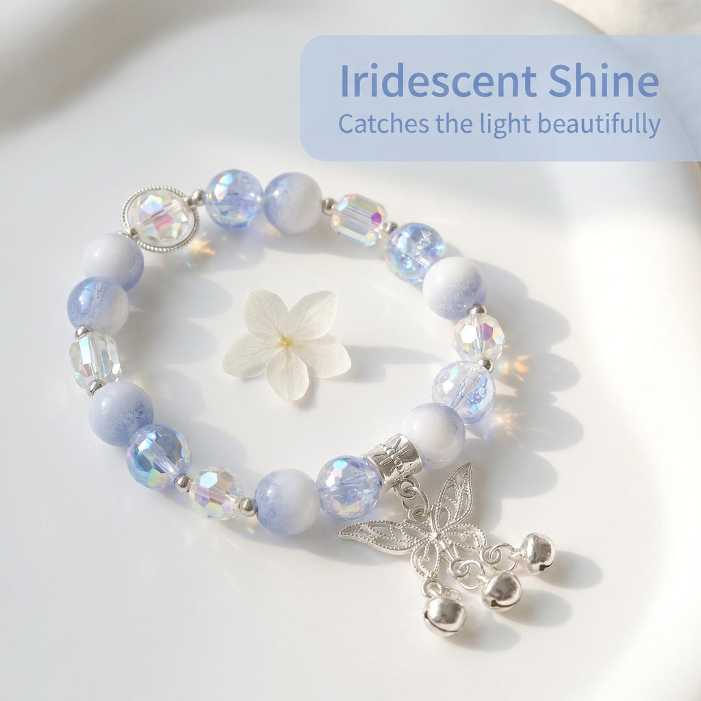 Sky Blue Gradient Resin Beaded Bracelet with Silver Butterfly & 3 Tiny Bell Charms, Iridescent Crystal Stretch Wrist Jewelry, Fairycore Aesthetic Gift for Women Teen Girls