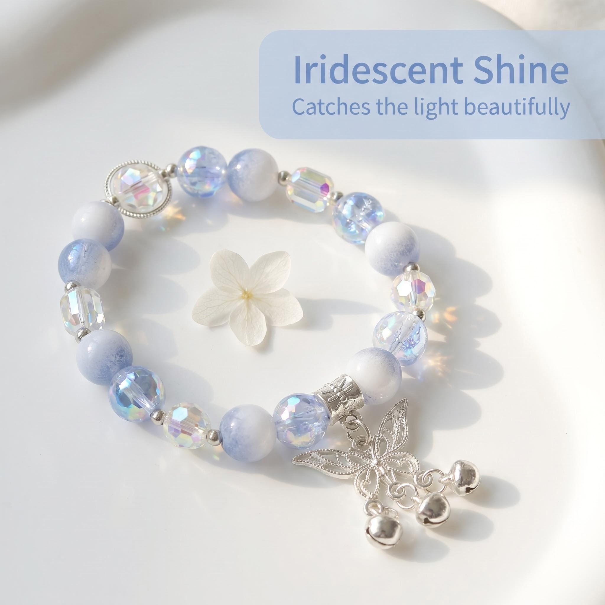 Sky Blue Gradient Resin Beaded Bracelet with Silver Butterfly & 3 Tiny Bell Charms, Iridescent Crystal Stretch Wrist Jewelry, Fairycore Aesthetic Gift for Women Teen Girls
