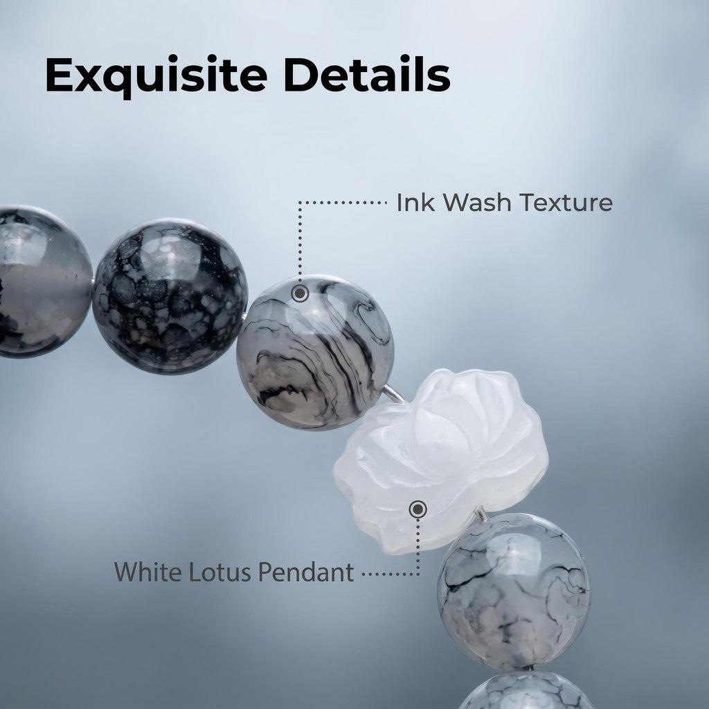 Zen Ink Wash Stone Beaded Bracelet with Yin Yang Charm & White Lotus Pendant, Oriental Spiritual Balance Meditation Crystal Bracelet Unisex Yoga Jewelry Gift for Men Women