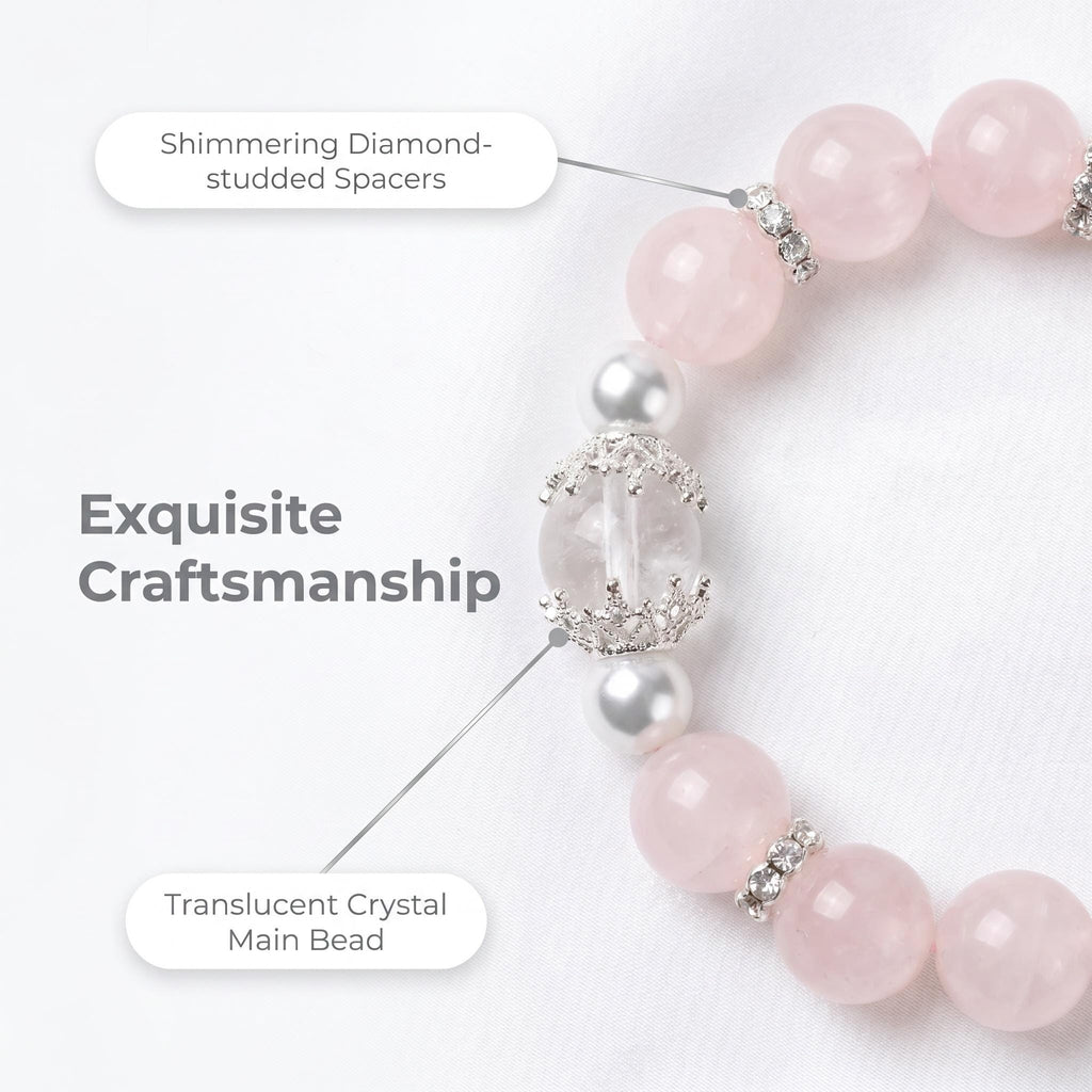 Fairy Natural Rose Quartz Bracelet, Healing Pink Crystal Beaded Bracelet with Clear Quartz, Pearl & Silver Rhinestone Spacers, Minimalist Elegant Women Jewelry Gift for Daily Office Wear