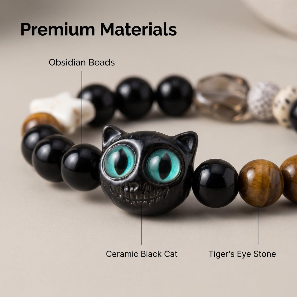 3D Ceramic Black Cat Beaded Bracelet, Natural Obsidian Tiger Eye Clear Quartz Healing Stone Bracelet, Elastic Gothic Cat Lover Crystal Jewelry Gift for Women Girls
