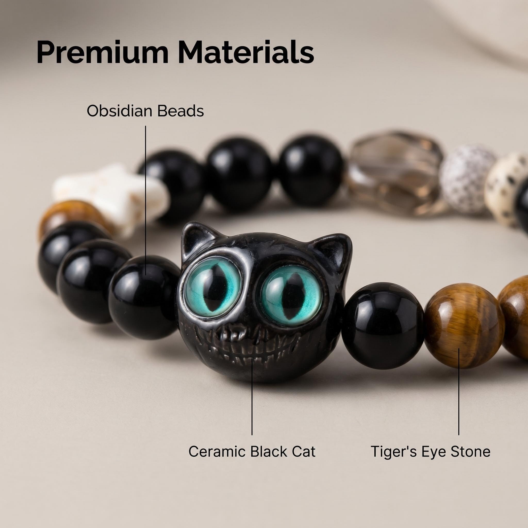 3D Ceramic Black Cat Beaded Bracelet, Natural Obsidian Tiger Eye Clear Quartz Healing Stone Bracelet, Elastic Gothic Cat Lover Crystal Jewelry Gift for Women Girls