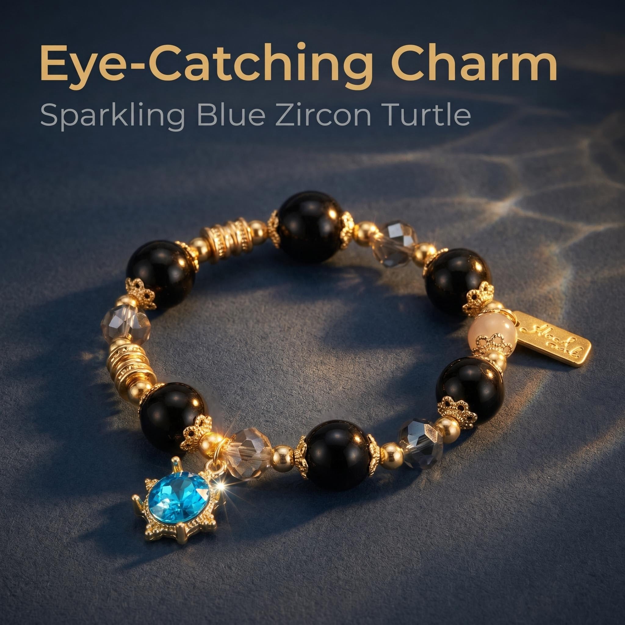 Ocean Elegance Natural Black Agate Beaded Bracelet with Blue Zircon Sea Turtle Charm, 14K Gold Plated Grounding Healing Crystal Adjustable Elastic Jewelry Gift for Women