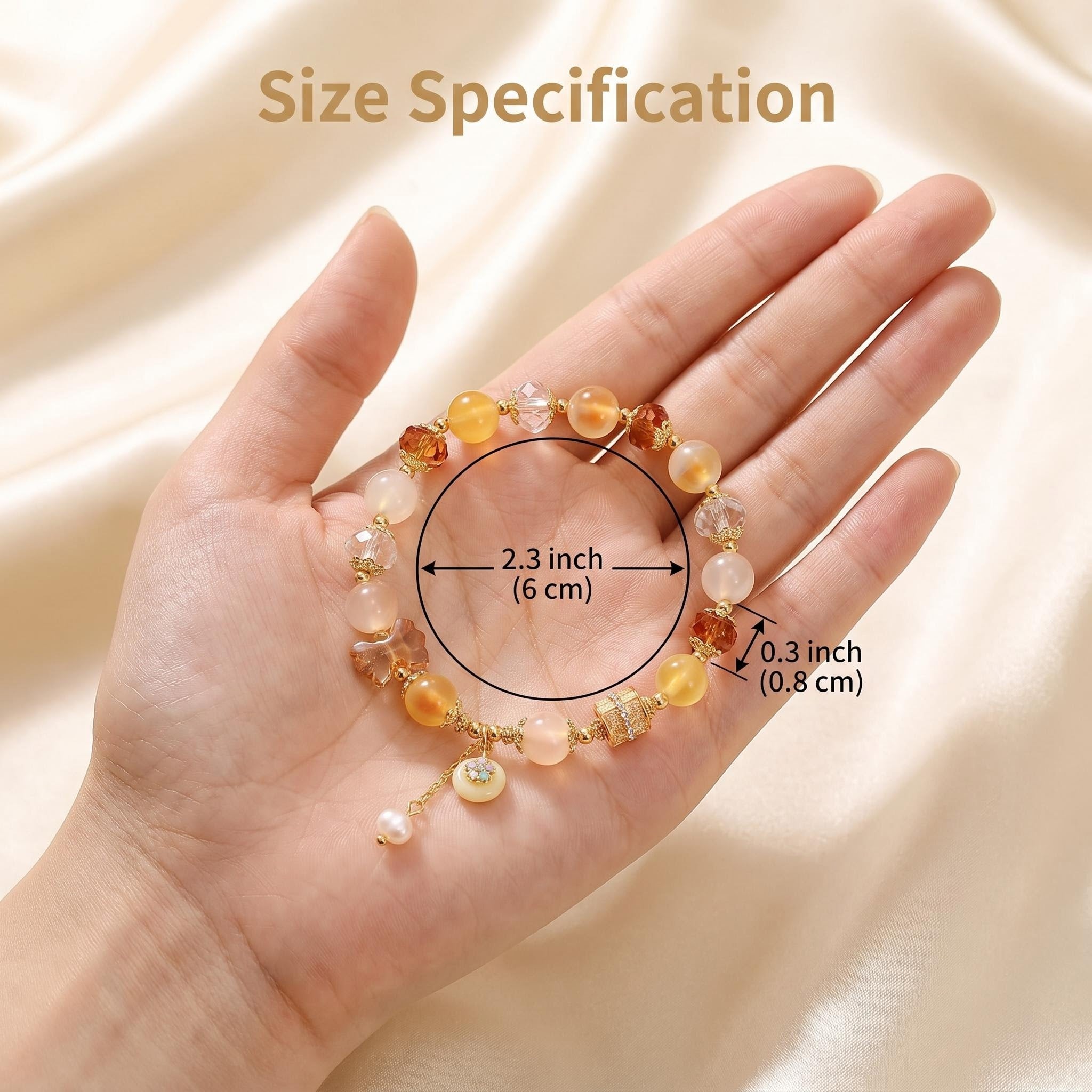Warm Tone Chalcedony Crystal Beaded Bracelet | Dainty Zircon Inlaid Elastic Wristband, Oriental Aesthetic Fashion Jewelry Gift for Women