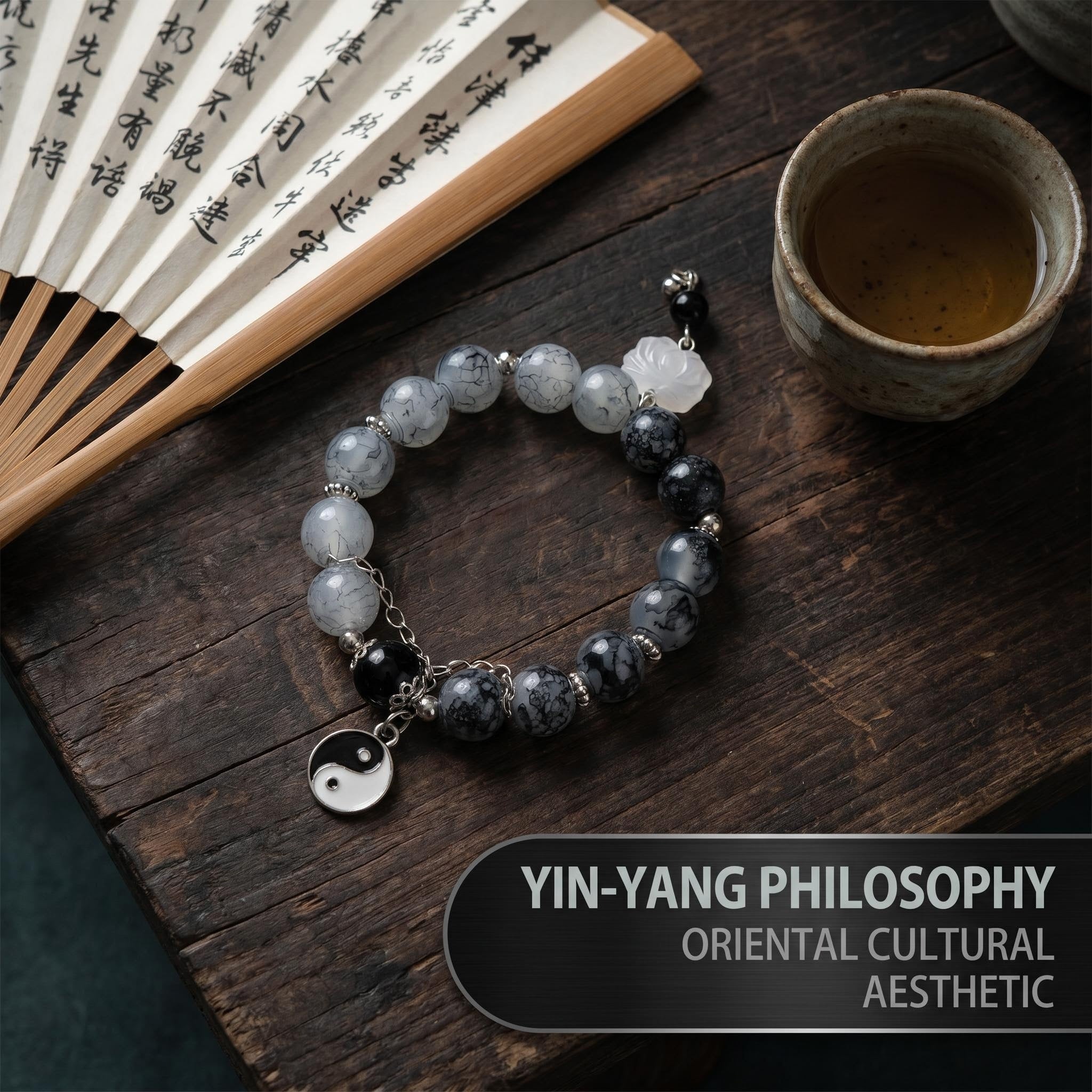 Zen Ink Wash Stone Beaded Bracelet with Yin Yang Charm & White Lotus Pendant, Oriental Spiritual Balance Meditation Crystal Bracelet Unisex Yoga Jewelry Gift for Men Women