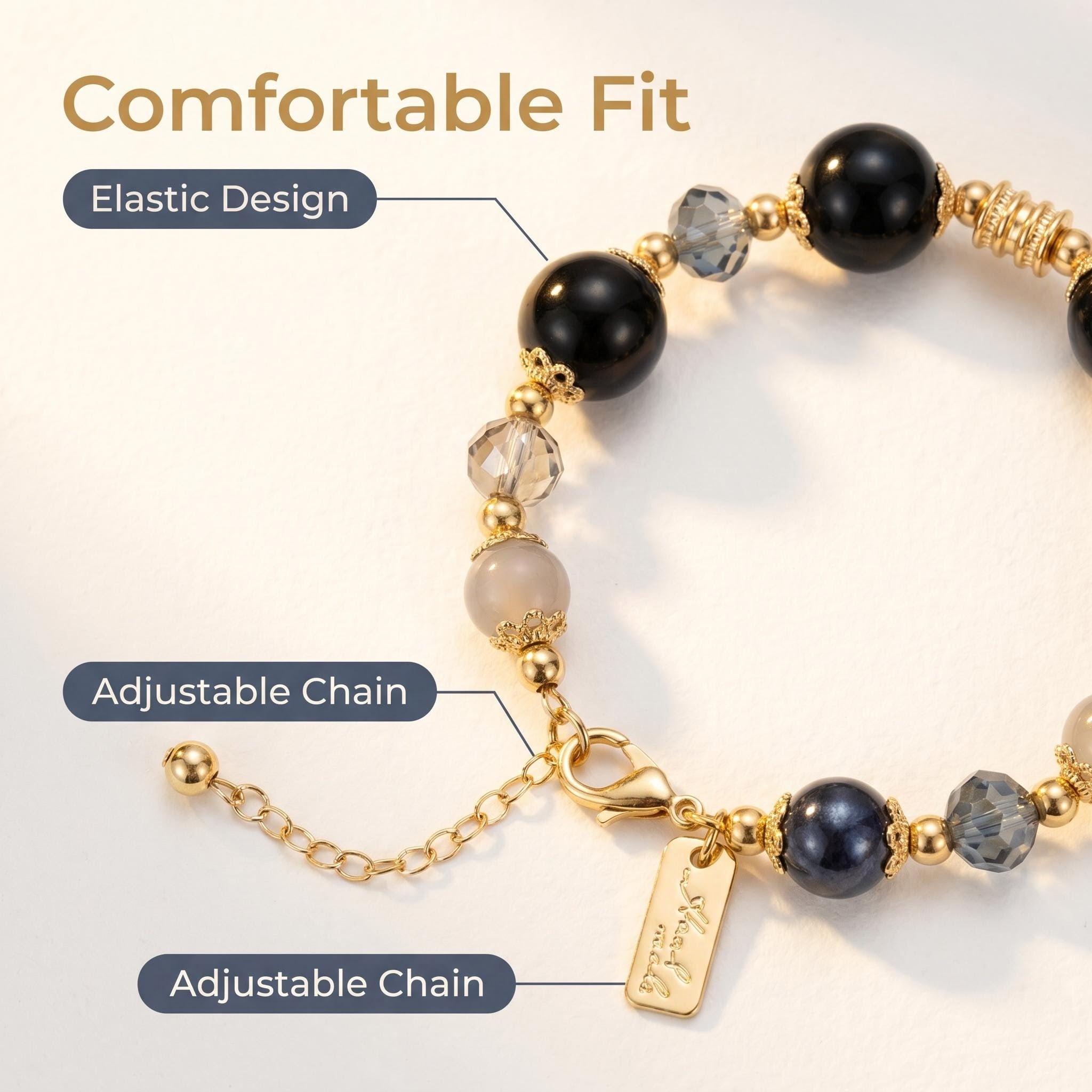 Ocean Elegance Natural Black Agate Beaded Bracelet with Blue Zircon Sea Turtle Charm, 14K Gold Plated Grounding Healing Crystal Adjustable Elastic Jewelry Gift for Women