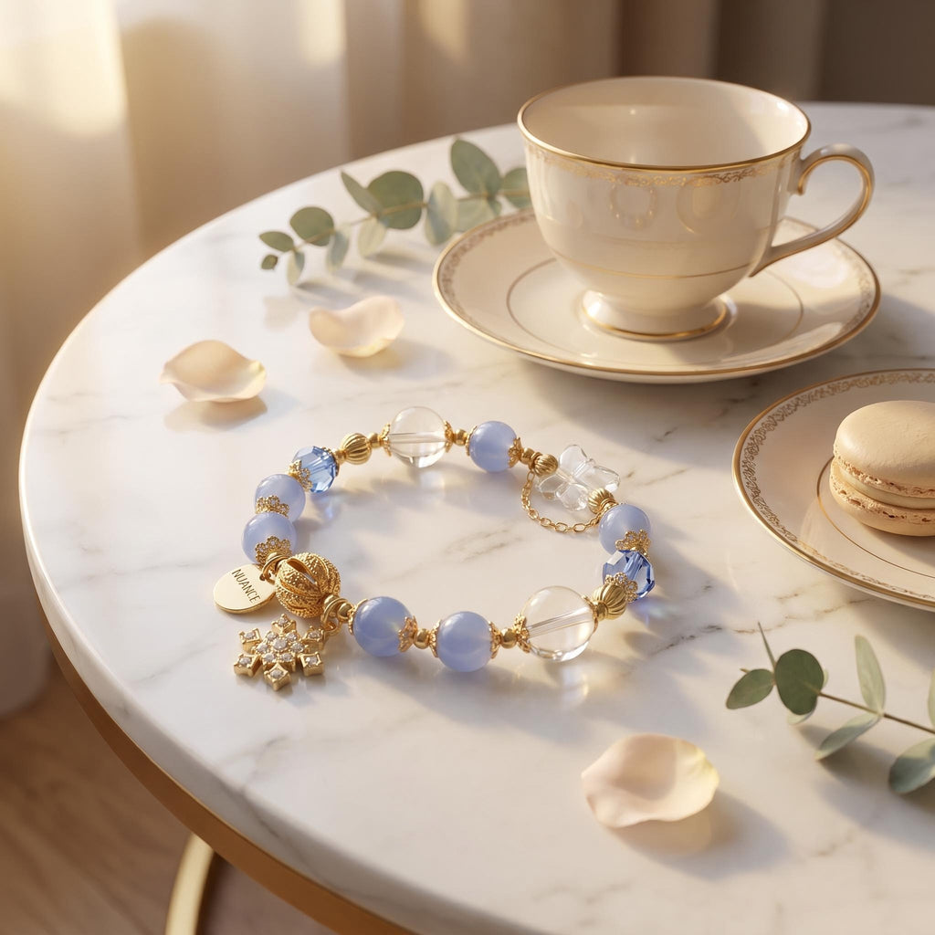 Light Luxury Natural Blue Chalcedony Beaded Bracelet with Clear Quartz, Rhinestone Snowflake & Transparent Butterfly Charms, 14K Gold Plated Elegant Healing Crystal Jewelry Gift for Women