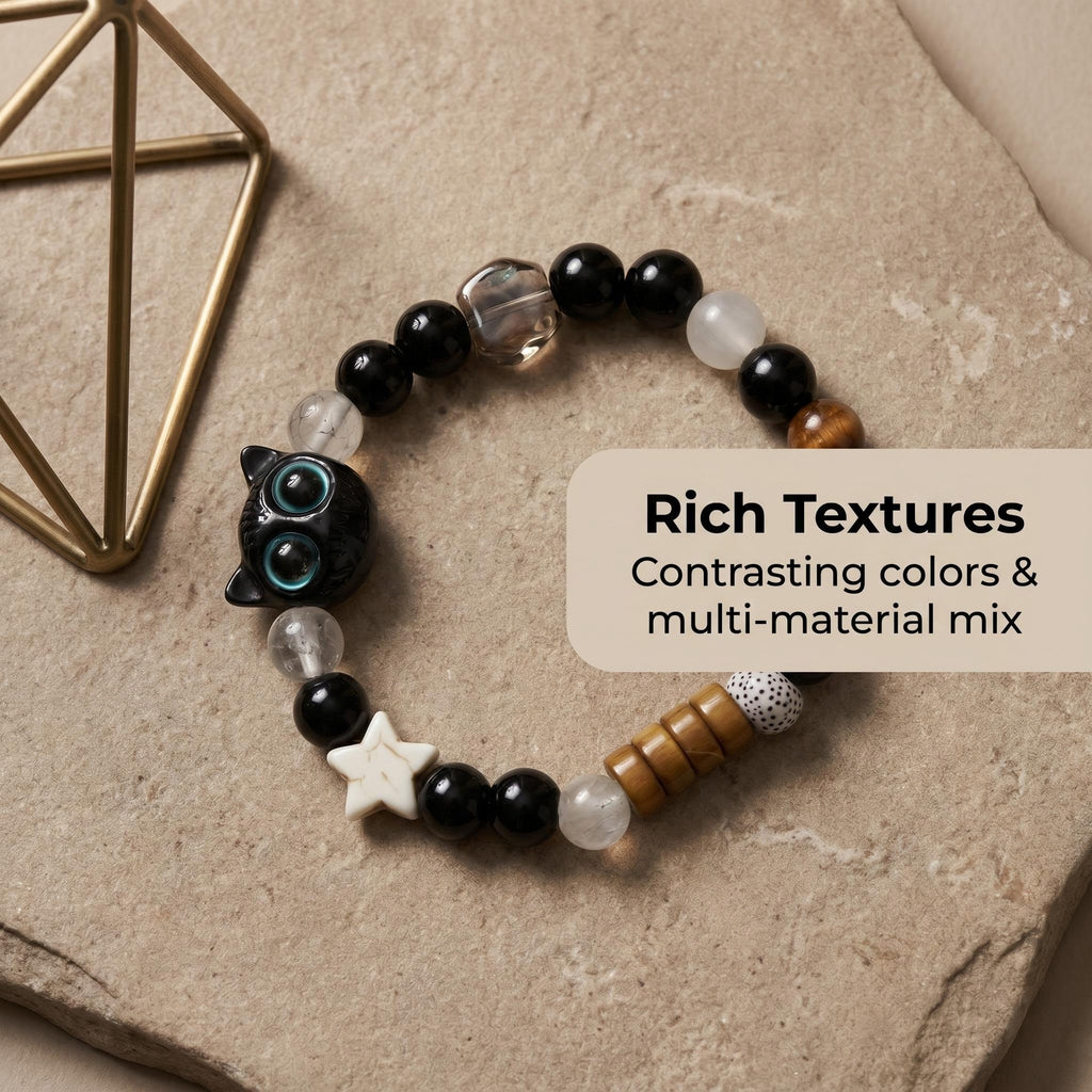 3D Ceramic Black Cat Beaded Bracelet, Natural Obsidian Tiger Eye Clear Quartz Healing Stone Bracelet, Elastic Gothic Cat Lover Crystal Jewelry Gift for Women Girls
