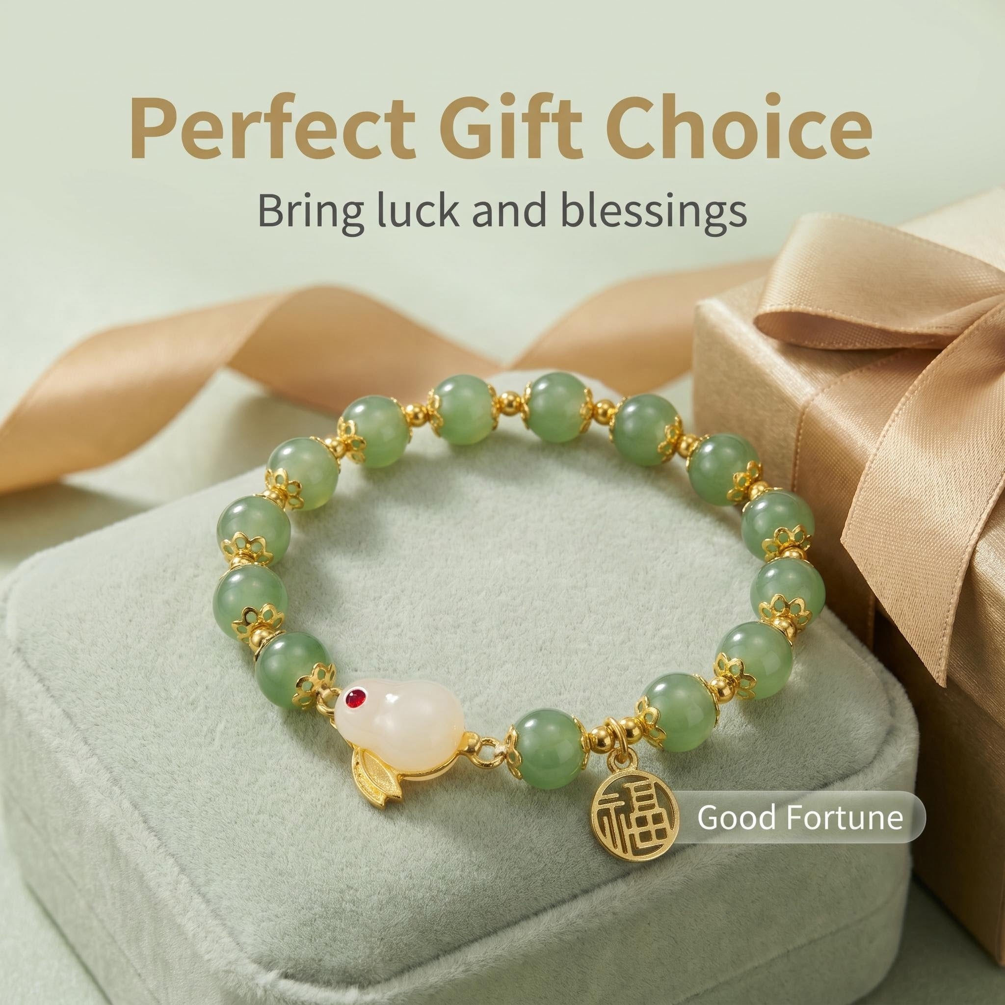 Oriental Elegance Natural Green Jade Beaded Bracelet with White Jade Lucky Rabbit & Fu Fortune Gold Charm, 14K Gold Plated Traditional Chinese Blessing Healing Crystal Jewelry Gift for Women