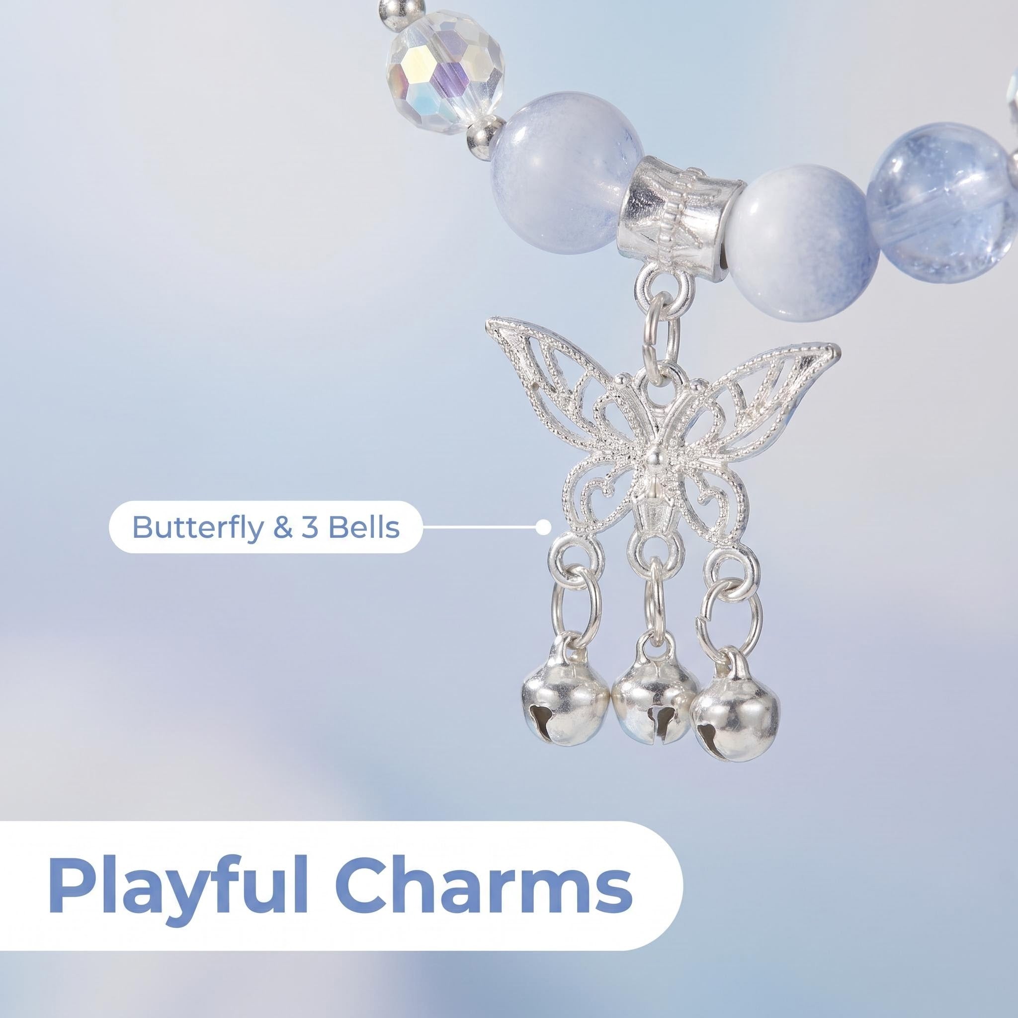 Sky Blue Gradient Resin Beaded Bracelet with Silver Butterfly & 3 Tiny Bell Charms, Iridescent Crystal Stretch Wrist Jewelry, Fairycore Aesthetic Gift for Women Teen Girls