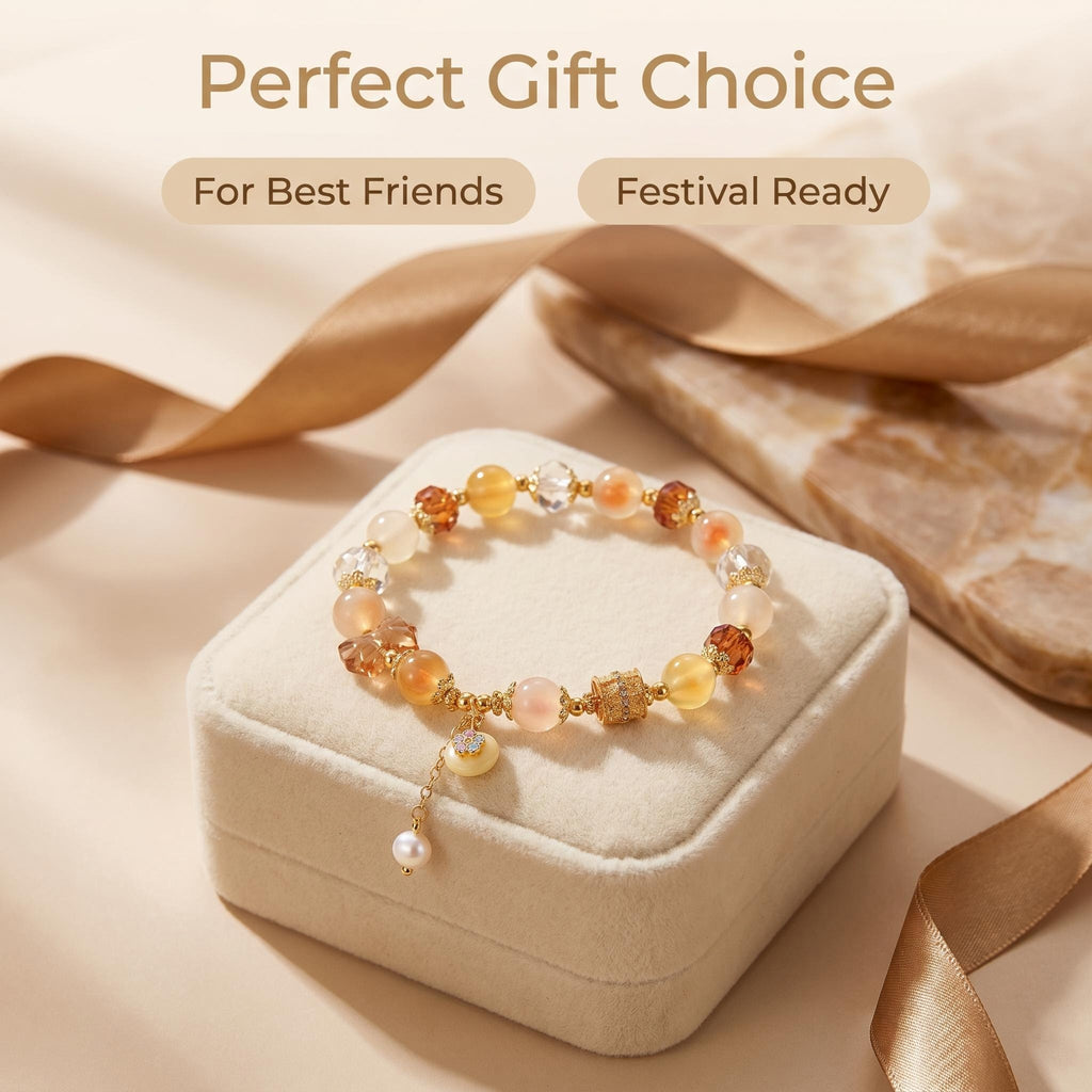 Warm Tone Chalcedony Crystal Beaded Bracelet | Dainty Zircon Inlaid Elastic Wristband, Oriental Aesthetic Fashion Jewelry Gift for Women