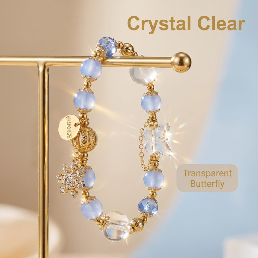 Light Luxury Natural Blue Chalcedony Beaded Bracelet with Clear Quartz, Rhinestone Snowflake & Transparent Butterfly Charms, 14K Gold Plated Elegant Healing Crystal Jewelry Gift for Women