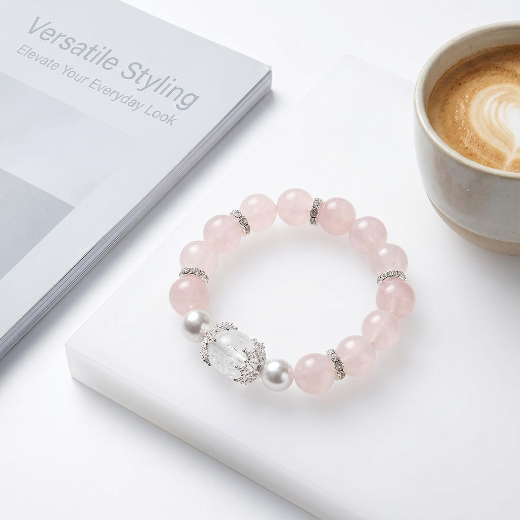 Fairy Natural Rose Quartz Bracelet, Healing Pink Crystal Beaded Bracelet with Clear Quartz, Pearl & Silver Rhinestone Spacers, Minimalist Elegant Women Jewelry Gift for Daily Office Wear