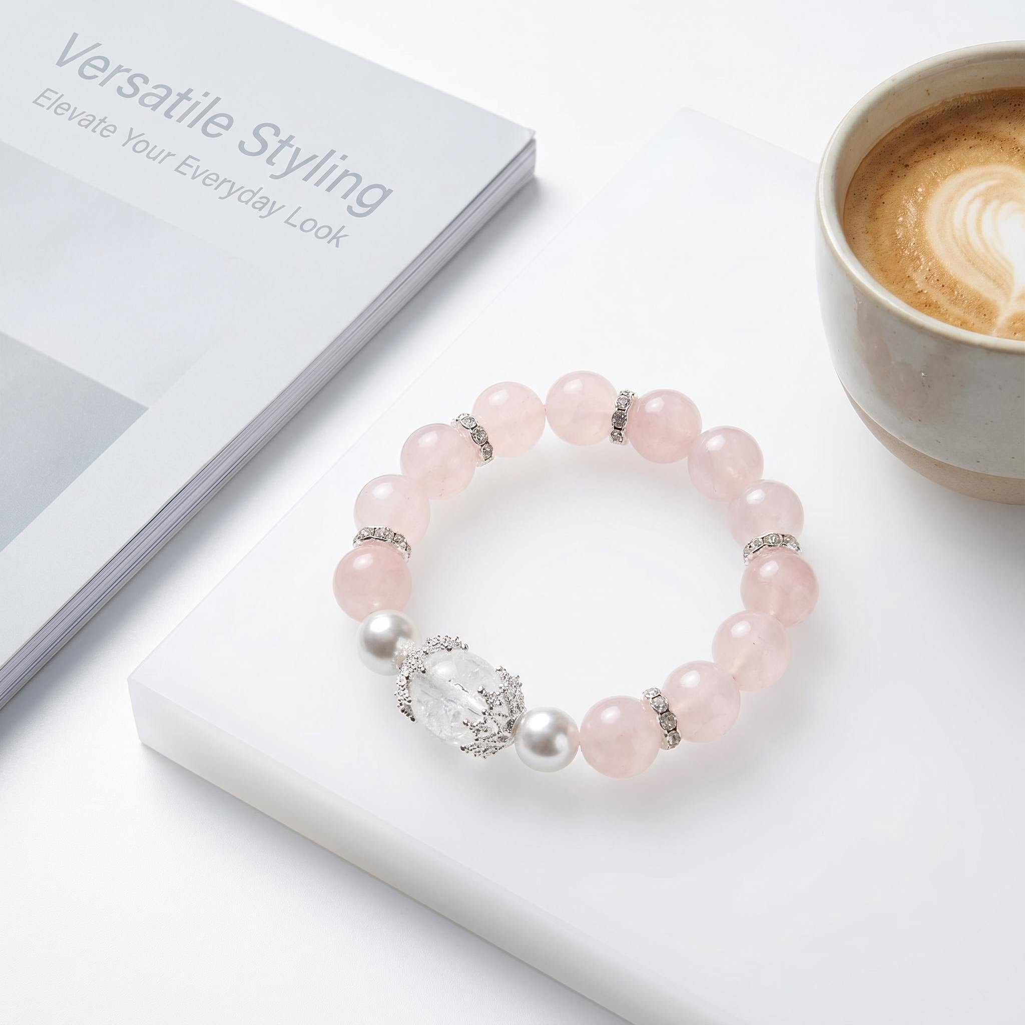 Fairy Natural Rose Quartz Bracelet, Healing Pink Crystal Beaded Bracelet with Clear Quartz, Pearl & Silver Rhinestone Spacers, Minimalist Elegant Women Jewelry Gift for Daily Office Wear